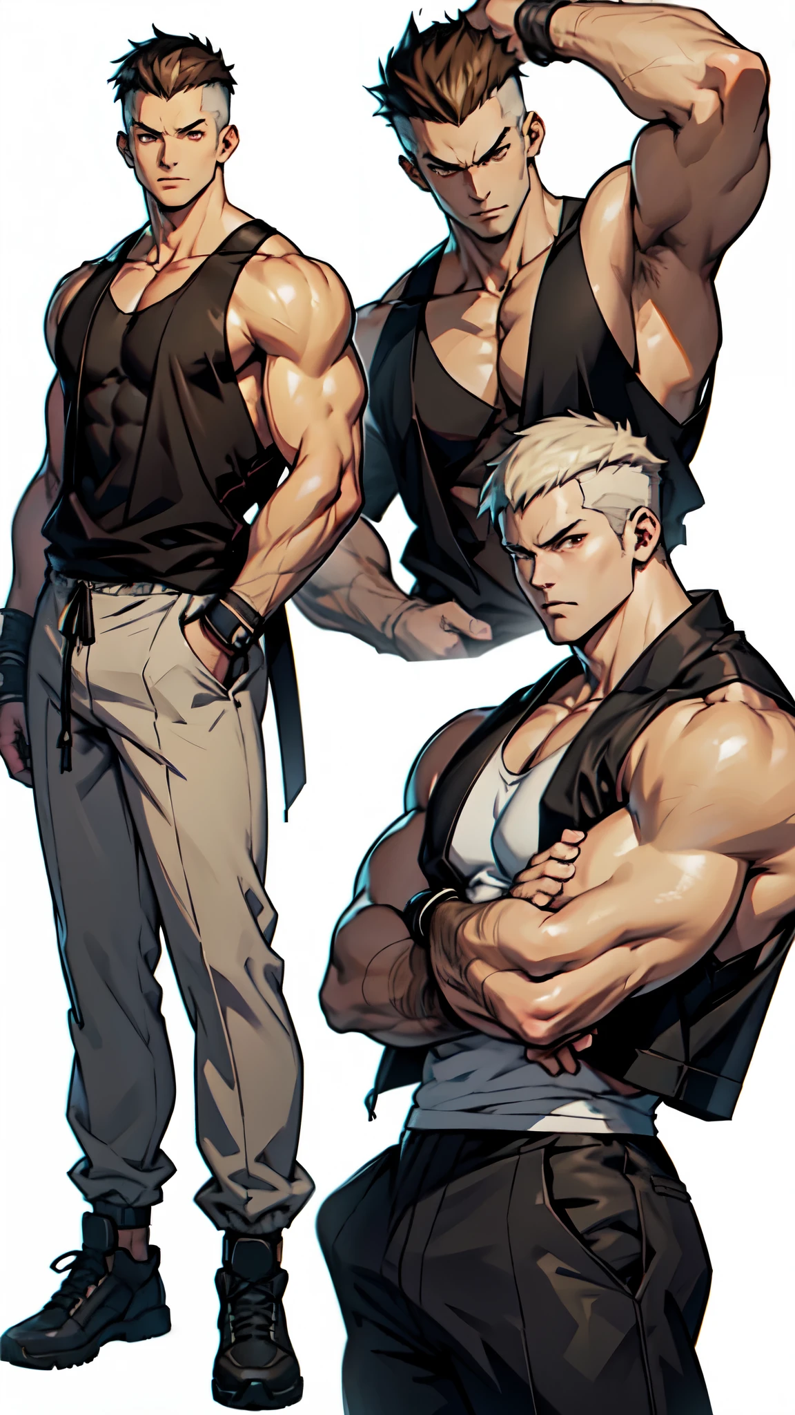 anime very muscular japanese man wearing a white tank top underneath a black sleeveless jacket, tall, beige mechanic pants, (pale skin), ((yashiro from the king of fighters)), gangster, dark brown hair crew cut haircut, thug, brown eyes, anime cyberpunk character, male anime character, anime character sheet, character concept, full body concept, ( ( several poses, several expressions ) ), full body, male protagonist 👀 :8, anime style character, ((white background))