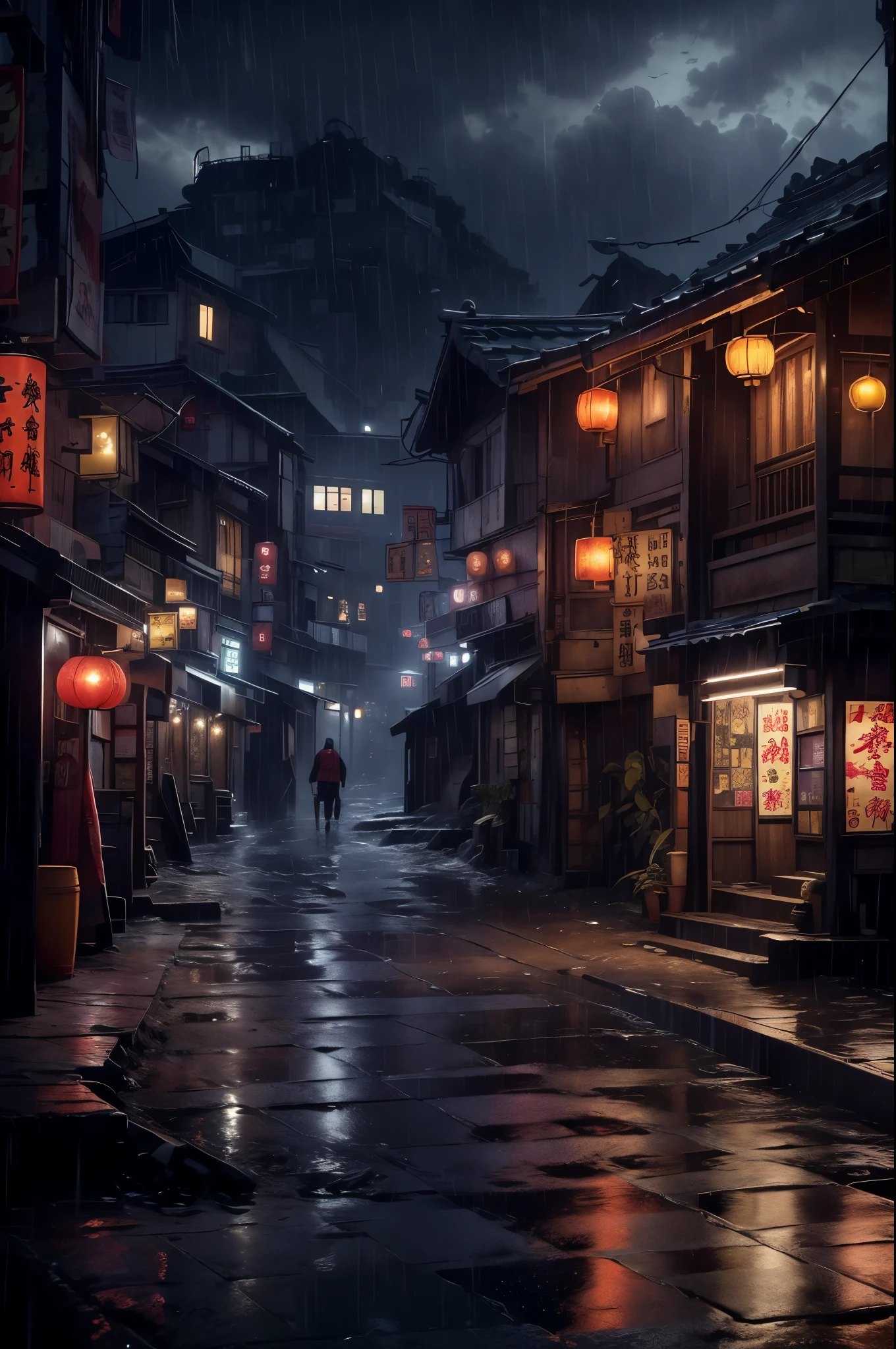 Feder village view，a lot of lights on the buildings，Dream China Town，china village，stunning wallpapers，japanese village，surreal photo of a small town，old asian village，(many old shops)，(The sky in the distance is covered with dark clouds，Red lanterns under the eaves)，japanese city，Raymond Han，rainy night, Cyberpunk Chinese Ancient Castle, well-lit building, Late afternoon，in the rain, Beautiful and beautiful, photography, light, 8k, high detail ((downpour，full of lights，stairs)))