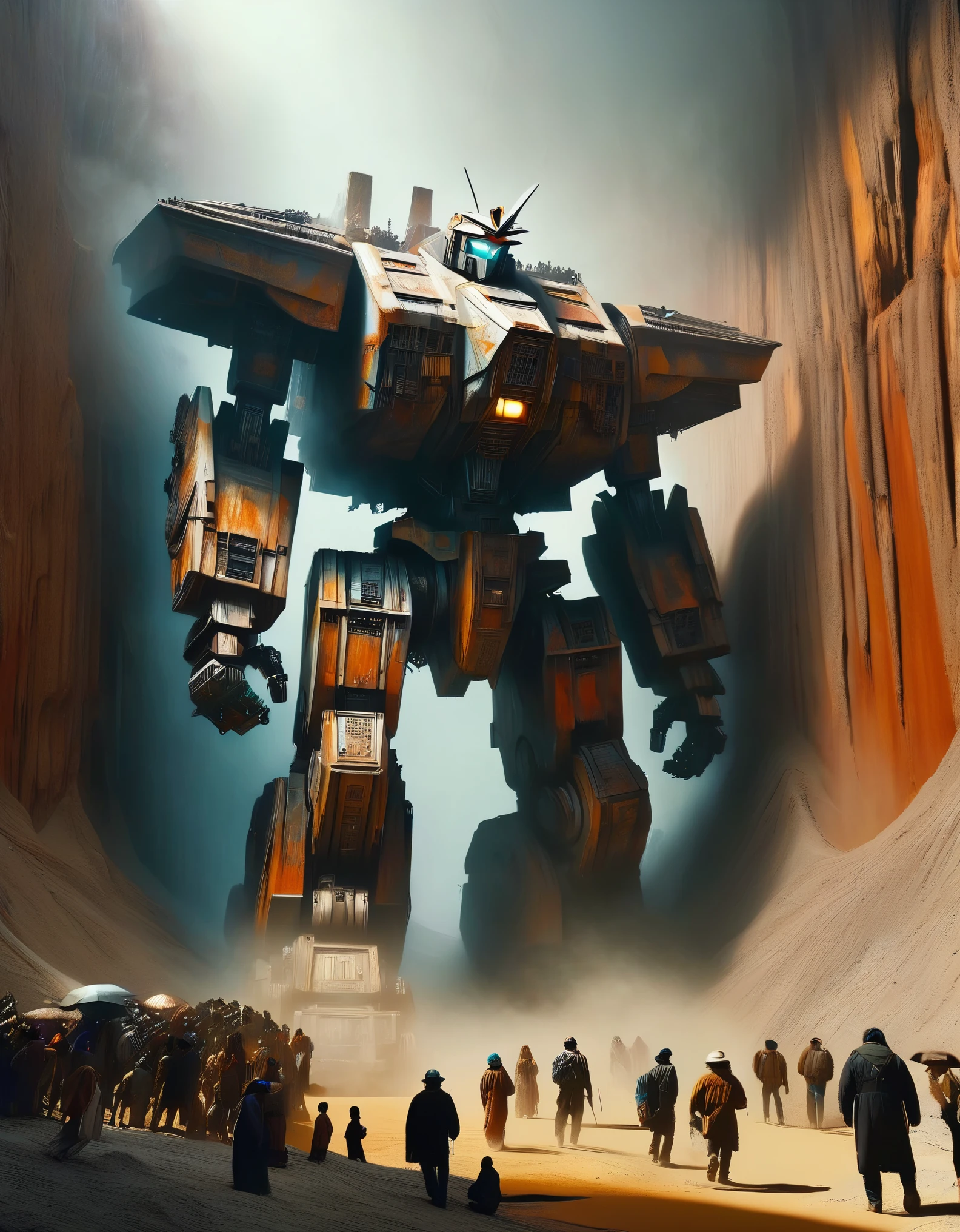 D rendering of A huge old mecha is being dragged out of a huge super-deep pit by many people, covered in rust and mud, broken bodies, sand and gravel, archaeological pits, the site,,Dripping Paint,Matte Painting,Science Fiction,Fever-Dream,Impossible,Postcyberpunk,Ice Age, The picture is from Peter Jackson's work, The picture is from Wong Kar-wai's work, The picture is from Emmanuel Lubezki's work,by Bruno Barbey,by Anne Brigman,by Edward S. Curtis,Intense Atmosphere, high detail,hyper quality,high resolution,surrealism,HD,16K,depth of field (dof),A bird's-eye view,aerial view,mood lighting,