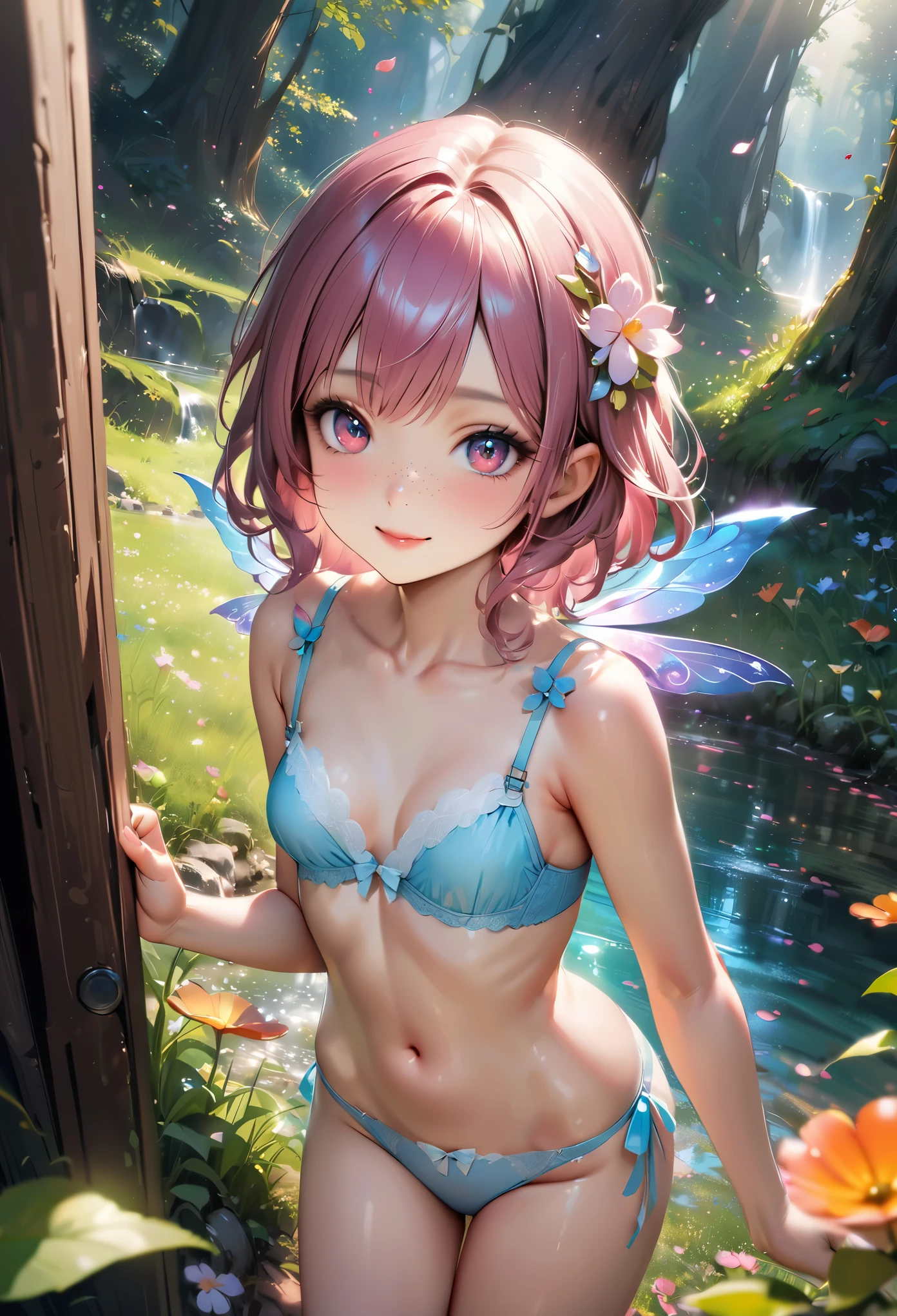 (RAW photo:1.2), (realistic), beautiful detailed girl, highly detailed eyes and face, thin and beautiful eyes, huge file size, High resolution, very detailed, highest quality, [table top:1.6], shape, very detailed, small details, highest quality, 8k wallpaper, movie lighting, 15 year old adorable female spring fairy, mysterious eyes, In underwear, shining smile, fairy bra, fairy panties, rosy cheeks, slim body, young face, small breasts, exposed underwear, subtle freckles, cascading curls, Whimsical outfit decorated with petals and leaves, small wings, Spring-like aura, Whimsical meadow with soft grass, vivid flowers々, Gentle sunlight shines in, shining dew, babbling brook, shining stone, Colorful shells, breeze, Seductive floral scent, Cute fairy potential haven