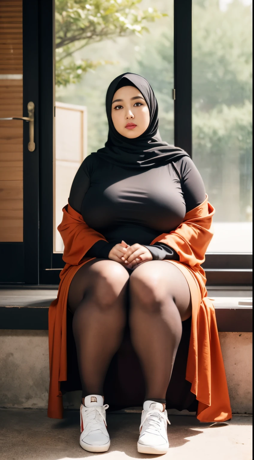 there is a woman sitting down with a longest brown hair, bbwchan, thicc, brown hijab outfit, brown hairstyle model, korean girl, korean woman, wearing brown robe, full length shot, alluring plus sized model, japanese goddess, clothed in hooded, voluptuous and arousing, portrait shot, curvy model, voluptuous body, wonderful, nene tanaka body , bbwchan, The overall atmosphere is smooth , haunting illustrations, extremely high-resolution details, photographic, realism pushed to extreme, fine texture, 4k, ultra-detailed, high quality, high contrast, red sneakers , cold atmosphere ,, cold atmosphere