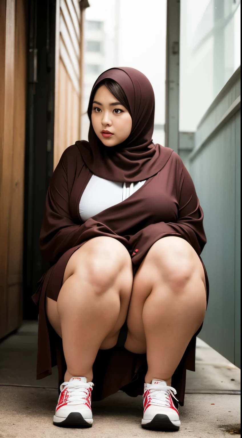 there is a woman sitting down with a longest brown hair, bbwchan, thicc, brown hijab outfit, brown hairstyle model, korean girl, korean woman, wearing brown robe, full length shot, alluring plus sized model, japanese goddess, clothed in hooded, voluptuous and arousing, portrait shot, curvy model, voluptuous body, wonderful, nene tanaka body , bbwchan, The overall atmosphere is smooth , haunting illustrations, extremely high-resolution details, photographic, realism pushed to extreme, fine texture, 4k, ultra-detailed, high quality, high contrast, red sneakers , cold atmosphere ,, cold atmosphere