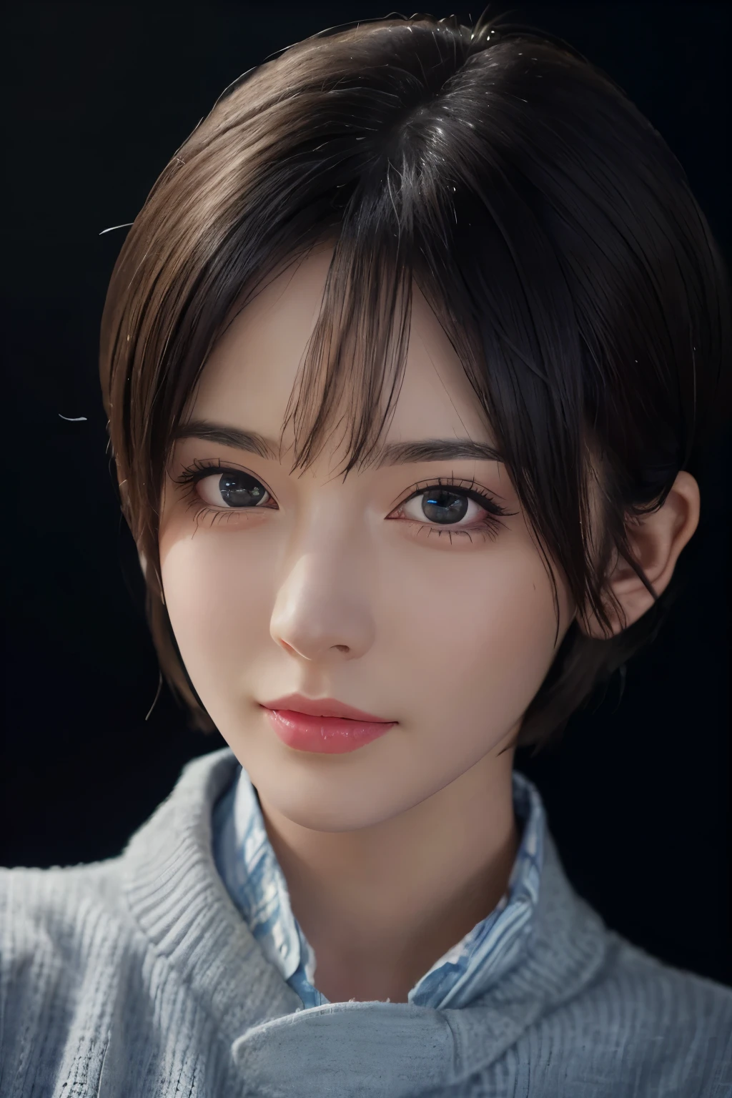 (masterpiece:1.3), (8k, realistic, RAW photo, highest quality: 1.4), (1 girl), beautiful face, (realistic face), (black hair, short hair:1.3), beautiful hairstyle, realistic eyes, detailed and beautiful eyes, (realistic skin), beautiful skin, (sweater), disorganized, Charm, ultra high resolution, surreal, very detailed, golden ratio