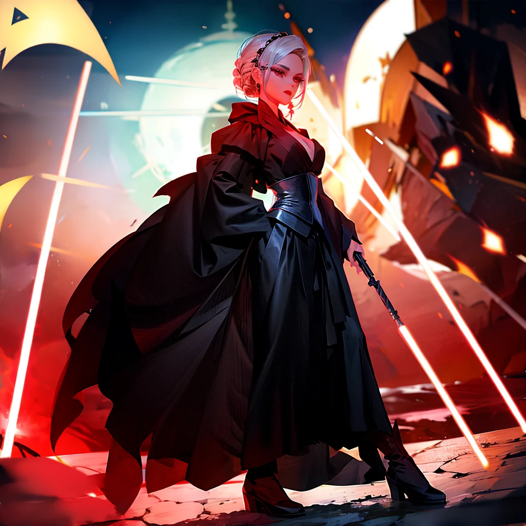 Elsa princess from Frozen dressed in a black Sith robe and holding a red Star Wars-style lightsaber in her hands, with the clone army in the background