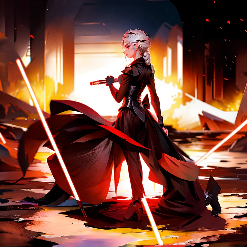 Elsa princess from Frozen dressed in a black Sith robe and holding a red Star Wars-style lightsaber in her hands, with the clone army in the background