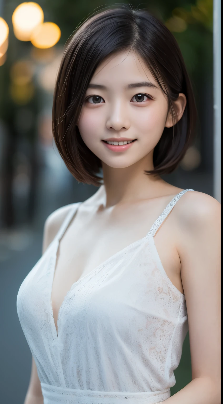 muste piece, best quality, 8K, , Ten generations, Raw photo, disorganized, award-winning portraits, shy smile, shy smile, solo, night time, neon, idol face, Violacea, gardenia, delicate girl, upper body whole body, digital single lens reflex, Looking at viewer, Frank, sophisticated, Zola々that's right, arms are thin, professional lighting, film grain, chromatic aberration, (detailed eyes and face:1.0), (It's blurry:1.1)