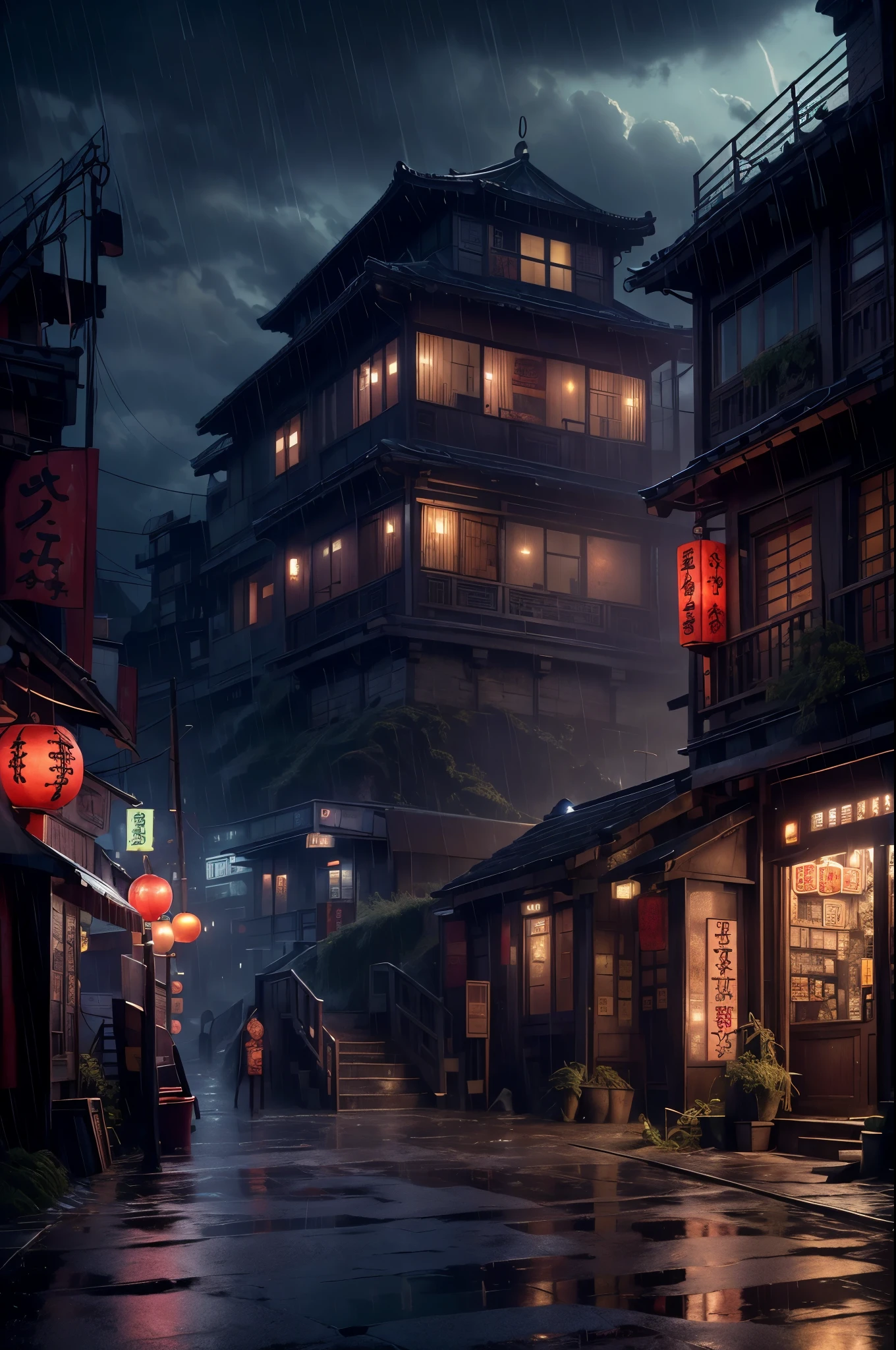 Feder village view，a lot of lights on the buildings，Dream China Town，china village，stunning wallpapers，japanese village，surreal photo of a small town，old asian village，(many old shops)，(The sky in the distance is covered with dark clouds，Red lanterns under the eaves)，japanese city，Raymond Han，rainy night, Cyberpunk Chinese Ancient Castle, well-lit building, Late afternoon，in the rain, Beautiful and beautiful, photography, light, 8k, high detail ((downpour，full of lights，stairs)))