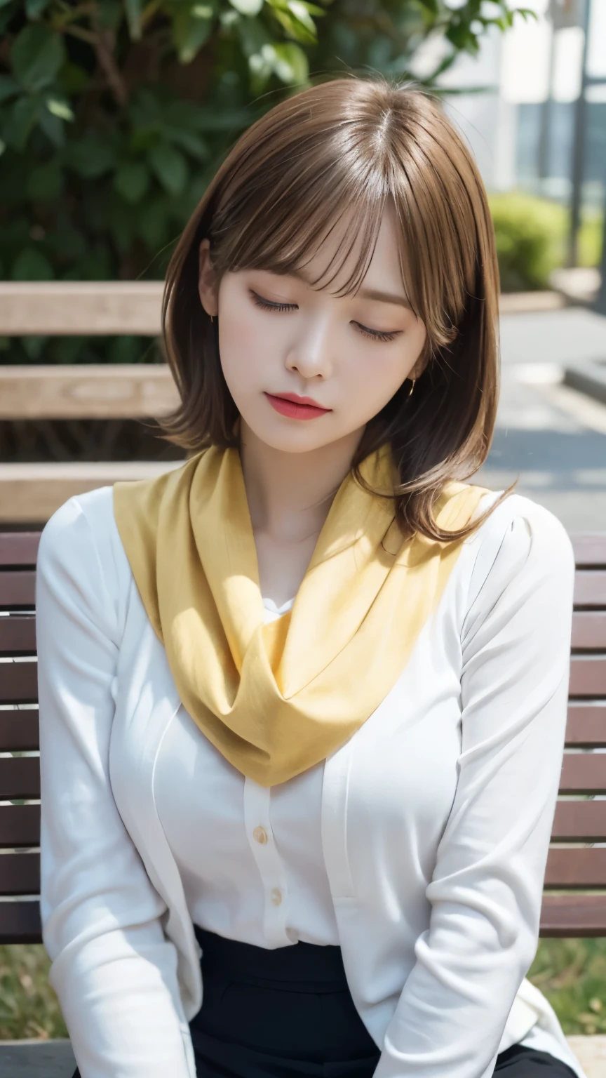 ((masterpiece)), ((highest quality)), 8k, hd, Super detailed, (woman), huge breasts,(White clothes with yellow gold trim), (Scattered golden hair shawl), (Closed eyes), (sleep on the bench 1.6) (Full body display 1.4) 作品はmasterpieceです, Highest quality and attention to detail, captured in 8k hd. Photographic realistic, realistic, very detailed illustrations realistic, octane rendering