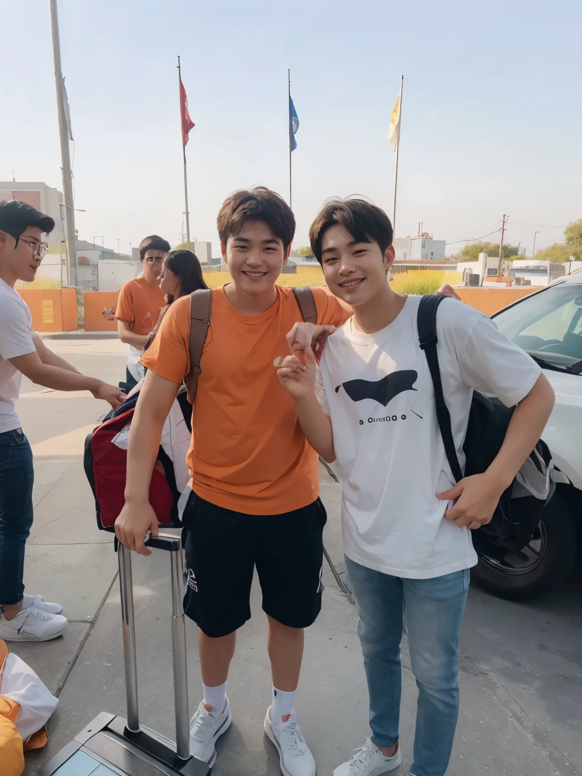 2 cute Korean boy age 16 years old, smiley looking ,plump cheeks, hyper realistic higher resolution , potrait image , unity 8k wallpaper, realistic face and skin, a boy who is wearing white T-shirt he is must cute better than the orange T-shirt boy the main character focus is the white T-shirt boy, the white T-shirt boy should be look a baby with a cute face and extremely cute circle face