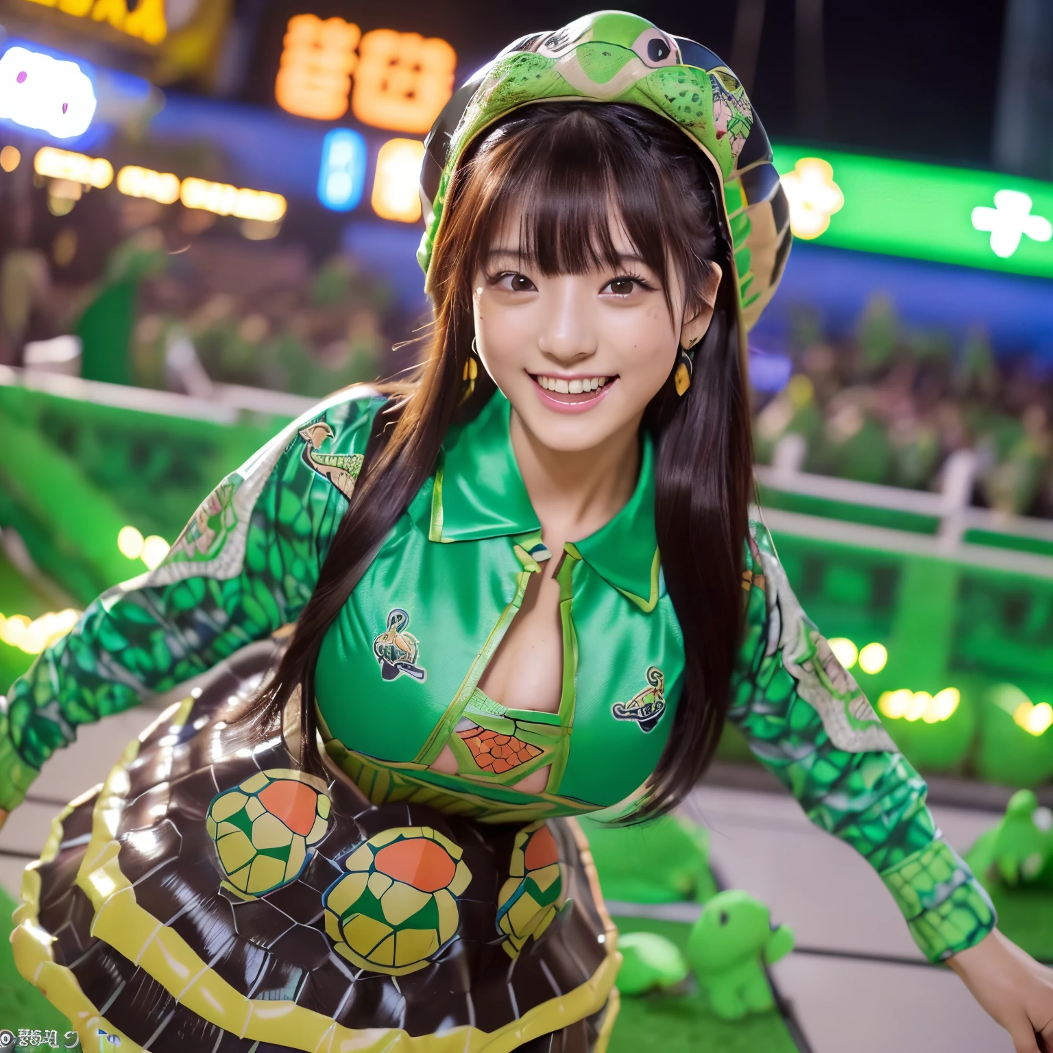 (8k、RAW photo、highest quality、masterpiece:1.2)、(realistic、Photoreal:1.35)、super detailed、超A high resolution、cinematic lighting、(((Idol who loves turtles)))、(((26 year old girl in Japan)))、(((Wearing a cute costume with a turtle motif)))、(A lot of turtles:1.5)、cute smile、Fun and energetic atmosphere、dynamic angle、dynamic lighting、big chest、sexy
