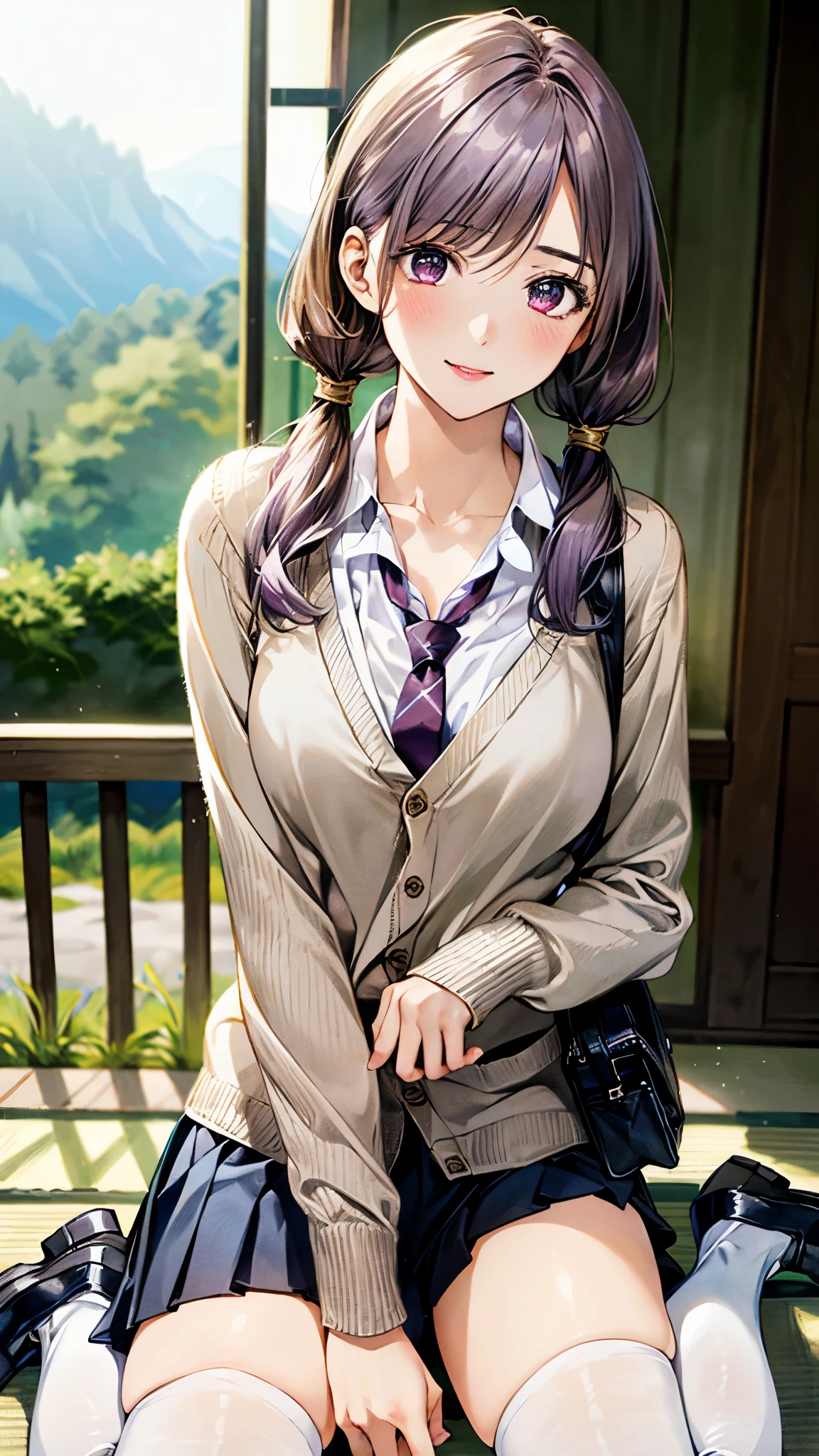 (masterpiece:1.2, top-quality, ultra high res, ultra detailed), (realistic, photorealistic:1.4), beautiful illustration, (natural side lighting, movie lighting),
looking at viewer, full body, 1 girl, japanese, high school girl, perfect face, (perfect anatomy), cute and symmetrical face, baby face, shiny skin, slender,
(long hair:1.5, low twintails:1.5, light purple hair), swept bangs, gold eyes, drooping eyes, big eyes, long eye lasher, (medium breasts),
beautiful hair, beautiful face, beautiful detailed eyes, beautiful clavicle, beautiful body, beautiful chest, beautiful thigh, beautiful legs, beautiful fingers,
((detailed cloth texture, long sleeves light brown cardigan:1.4, light grey pleated skirt, white collared shirt), dark red tie, white thigh-high), navy school bag,
(beautiful scenery), day time, (room), wariza, (lovely smile, upper eyes),
