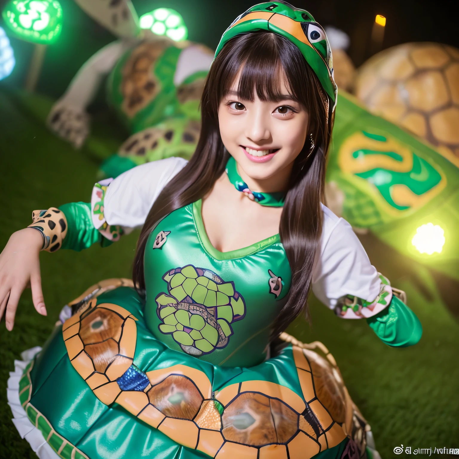 (8k、RAW photo、highest quality、masterpiece:1.2)、(realistic、Photoreal:1.35)、super detailed、超A high resolution、cinematic lighting、(((Idol who loves turtles)))、(((16 year old girl in Japan)))、(((Wearing a cute costume with a turtle motif)))、(A lot of turtles:1.5)、cute smile、Fun and energetic atmosphere、dynamic angle、dynamic lighting、big chest