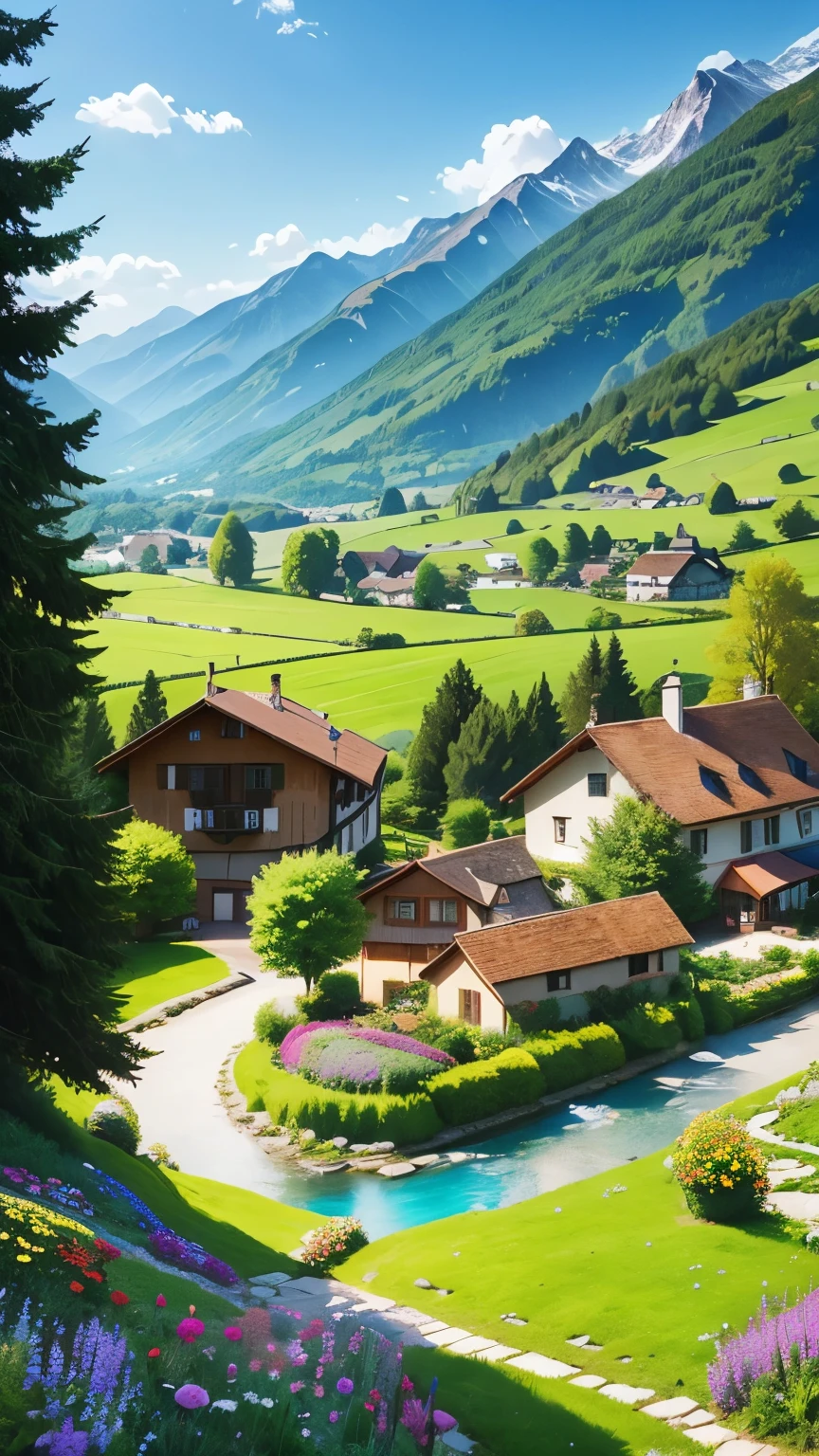 Peaceful and idyllic countryside, Rolling green hills dotted with grazing sheep, Charming villa，Set amidst vibrant flowers, Clear blue sky overhead, Evokes a sense of peace and simplicity, Valle encantador, switzerland, patches of green fields, lush countryside, Valle exuberante,An idyllic village in Milan,，verdant green fields，above a village，Rolling terraces，Colorful garden of flowers and plants，Alpine scenery in the Swiss countryside under the Alps，Carl Sessel Bern，Majestic nature, Swiss architecture, lindo cenario, rios，waterfallr