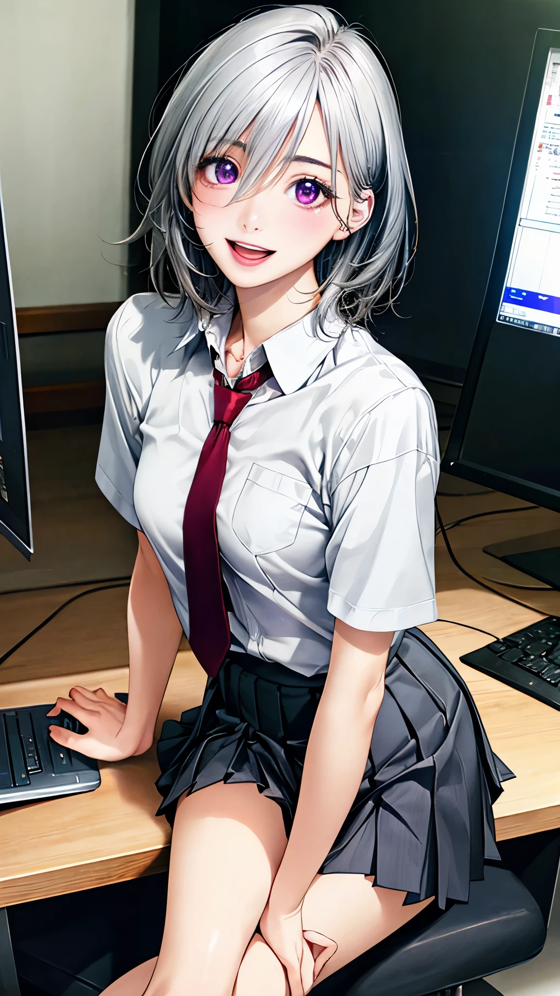 (masterpiece:1.2, top-quality, ultra high res, ultra detailed), (realistic, photorealistic:1.4), beautiful illustration, (natural side lighting, movie lighting),
looking at viewer, full body, 1 girl, japanese, high school girl, perfect face, (perfect anatomy), cute and symmetrical face, baby face, shiny skin, slender,
(short hair, messy hair, silver hair), hair between eyes, purple eyes, big eyes, long eye lasher, (medium breasts),
beautiful hair, beautiful face, beautiful detailed eyes, beautiful clavicle, beautiful body, beautiful chest, beautiful thigh, beautiful legs, beautiful fingers,
((detailed cloth texture, light grey pleated skirt, short sleeve white collared shirt), dark red tie),
(beautiful scenery), day time, (computer editing studio), sitting chair, (lovely smile, upper eyes, open mouth small),