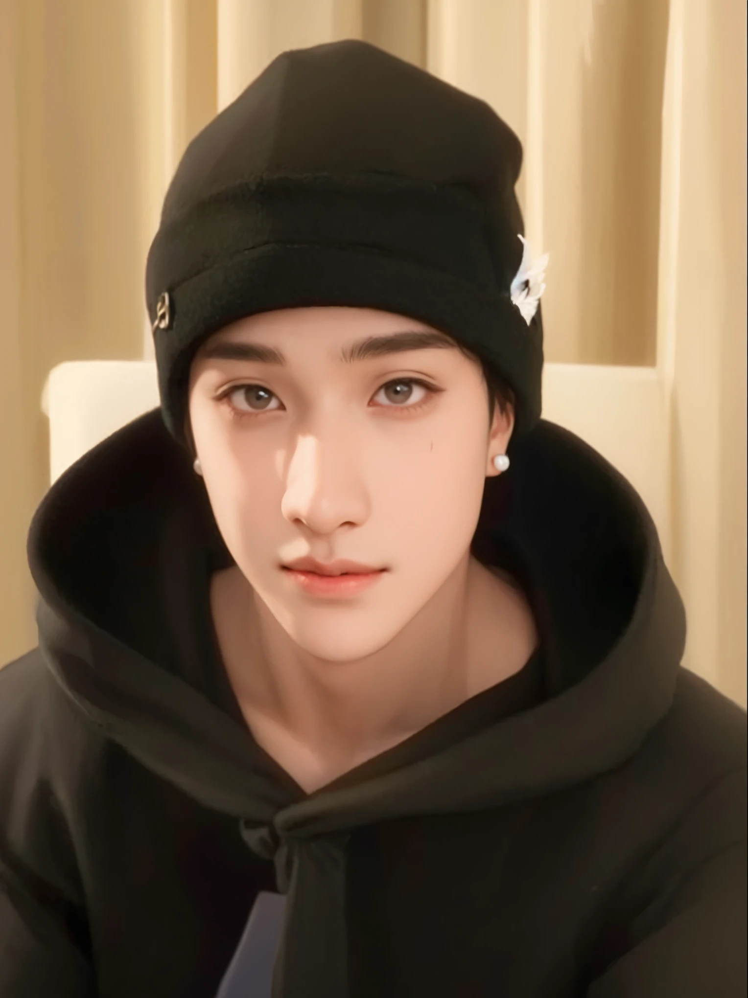 un primer plano de una persona que llevaba un sombrero negro y una chaqueta negra, cai xukun, ruan jia hermosa!, pale korean male face, bangchan de straykids, Christopher bang, bangchan, STRAYKIDS, BANG CHAN,, ruan cute vtuber, korean male face, kpop boy, 