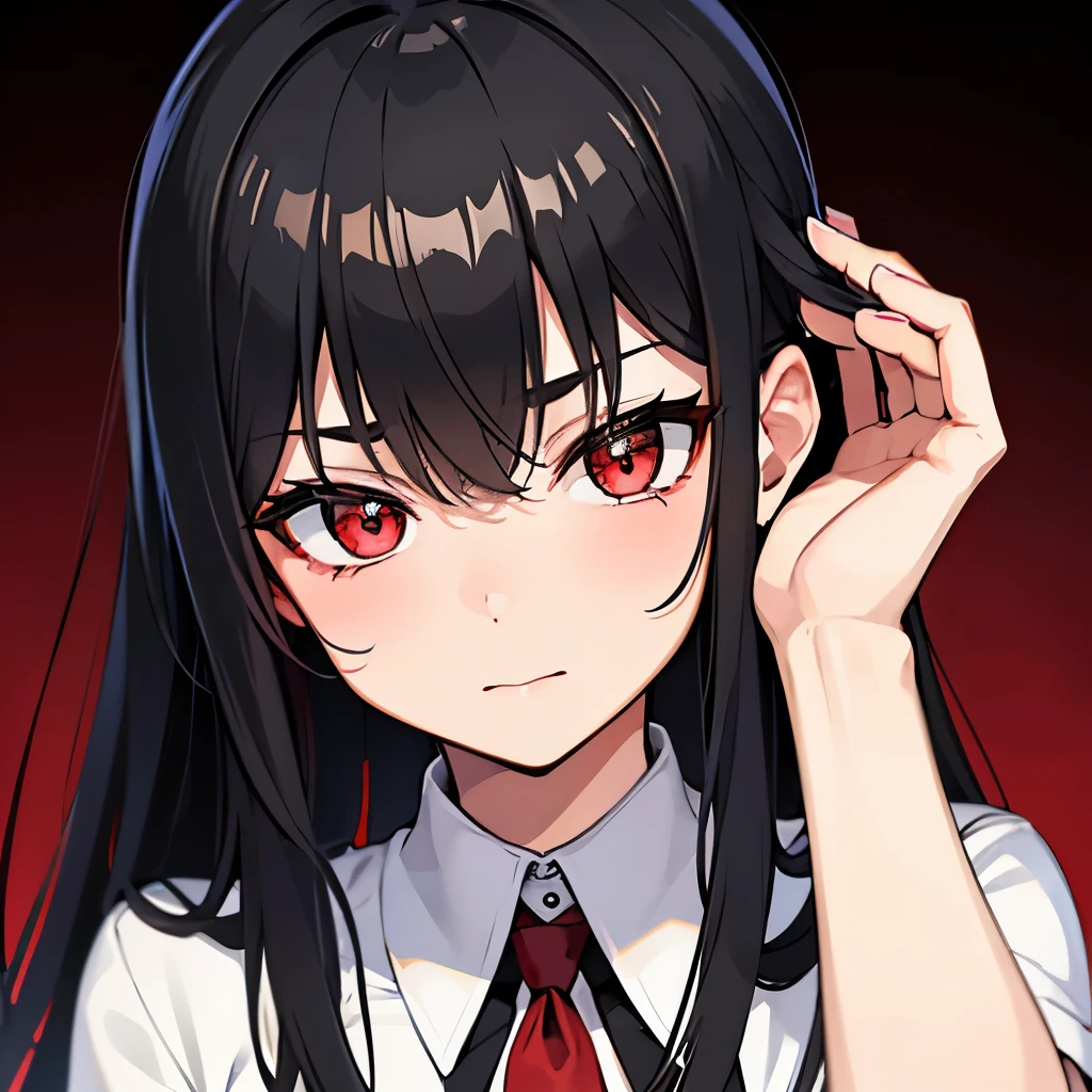 Boy, black hair, red eyes, serious sharp features, white skin, uniform