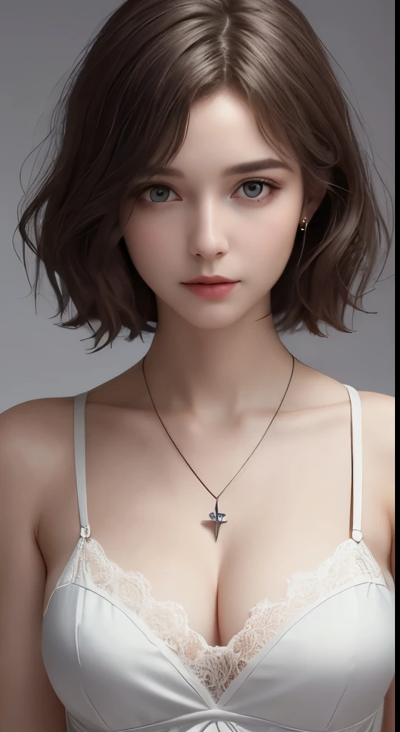 ,(((highest quality, 8k, masterpiece))), sharp focus, (perfectionな体型を持つ美しい女性), thin, cinematic lighting、perfection、soft light、high resolution skins:1.3、realistic skin texture、30 year old mature woman、small face、no makeup、short hair、dark brown hair、Detailed beautiful eyes、bust B cup、wearing a pendant、Slender body type、gray background、