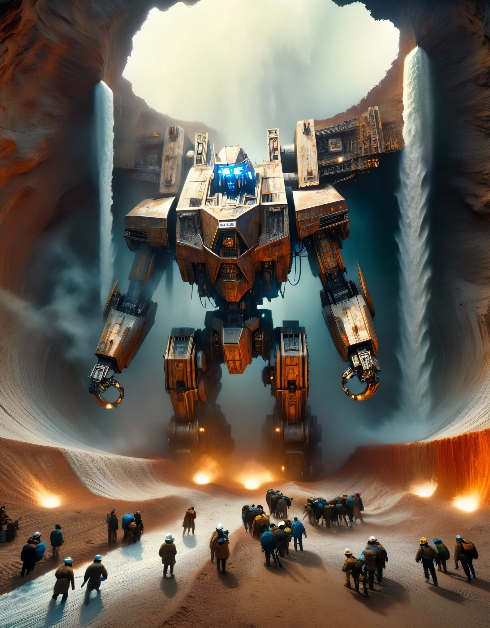 D rendering of A huge old mecha is being dragged out of a huge super-deep pit by many people, covered in rust and mud, broken bodies, sand and gravel, archaeological pits, the site,,Dripping Paint,Matte Painting,Science Fiction,Fever-Dream,Impossible,Postcyberpunk,Ice Age, The picture is from Peter Jackson's work, The picture is from Wong Kar-wai's work, The picture is from Emmanuel Lubezki's work,by Bruno Barbey,by Anne Brigman,by Edward S. Curtis,Intense Atmosphere, high detail,hyper quality,high resolution,surrealism,HD,16K,depth of field (dof),A bird's-eye view,aerial view,mood lighting,