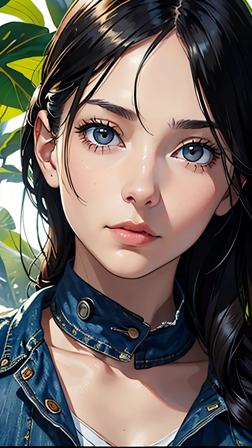 big plans, Beautiful woman in thumb art style, Written by Jeremy Mann, Written by Sandra Chevrier, dave mckean、Written by Richard Avedon、Written by Maciej Cuchara, white tank top and jeans, detailed, 8k、with detailed eyes、long wavy hair、masterpiece, 最high quality, high quality, High resolution, (jungle background), (((Close-up of face only))),