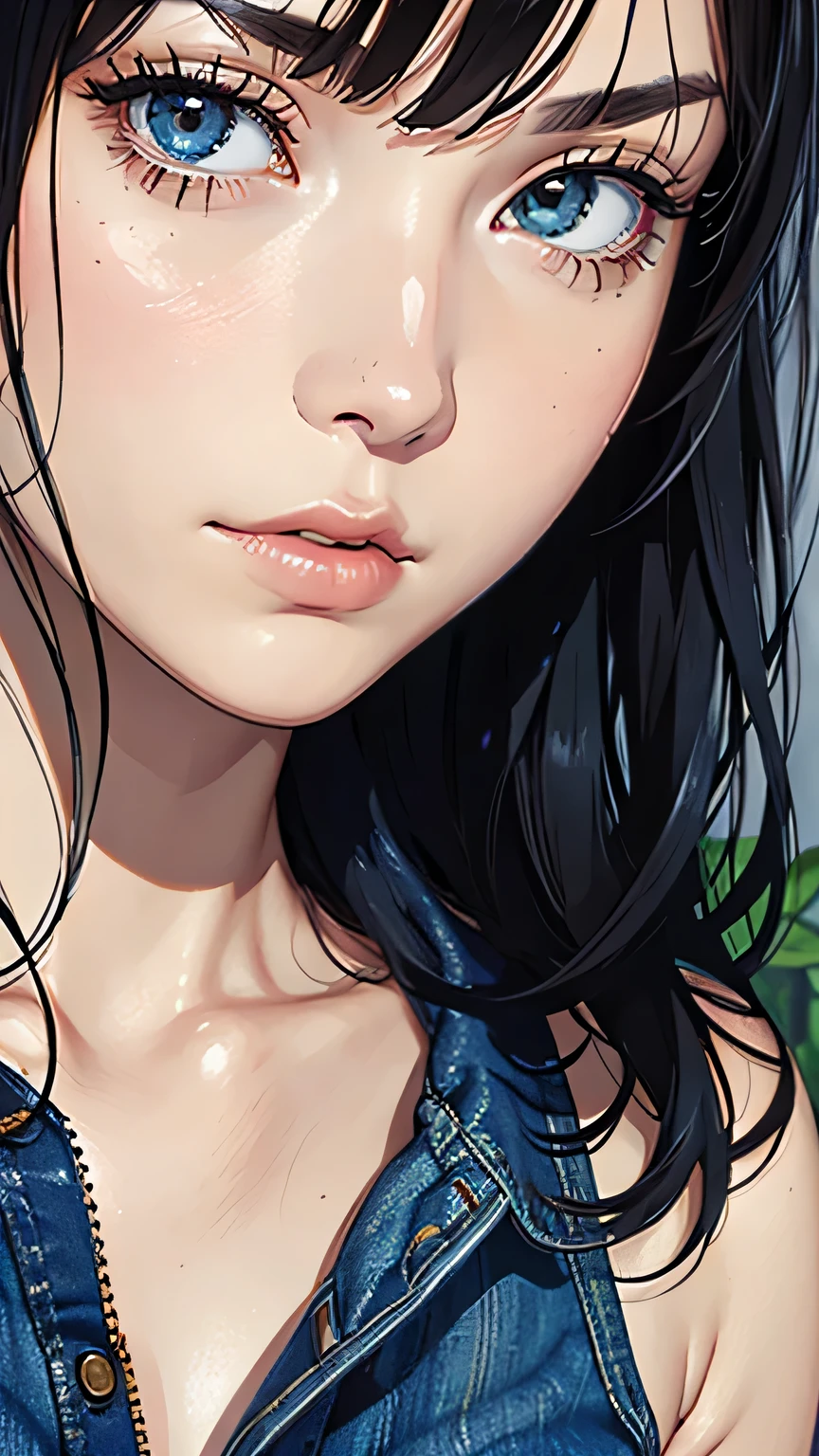 big plans, Beautiful woman in thumb art style, Written by Jeremy Mann, Written by Sandra Chevrier, dave mckean、Written by Richard Avedon、Written by Maciej Cuchara, white tank top and jeans, detailed, 8k、with detailed eyes、long wavy hair、masterpiece, 最high quality, high quality, High resolution, (jungle background), (((Close-up of face only))),