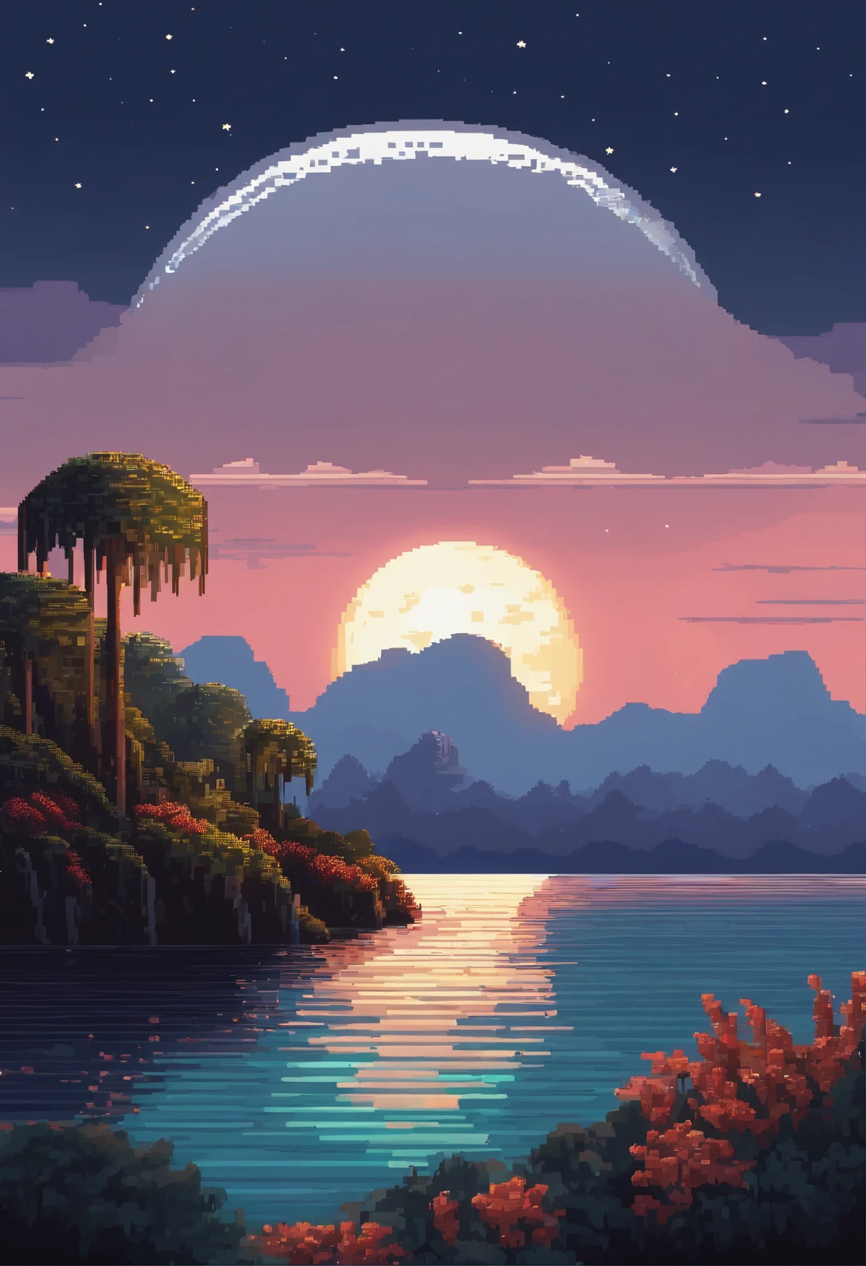 Pixel art of a huge moon floating in a calm sea, beautiful detailed pixel art, detailed pixel art, lo-fi retro video game, concept Pixel art, detailed pixel artwork, pixelart style, pixel town, pixel art animation, high quality pixel art, dolphin jumps out of the sea, Super detailed color low poly art, #Pixel art:3, # Pixel art, #Pixel art