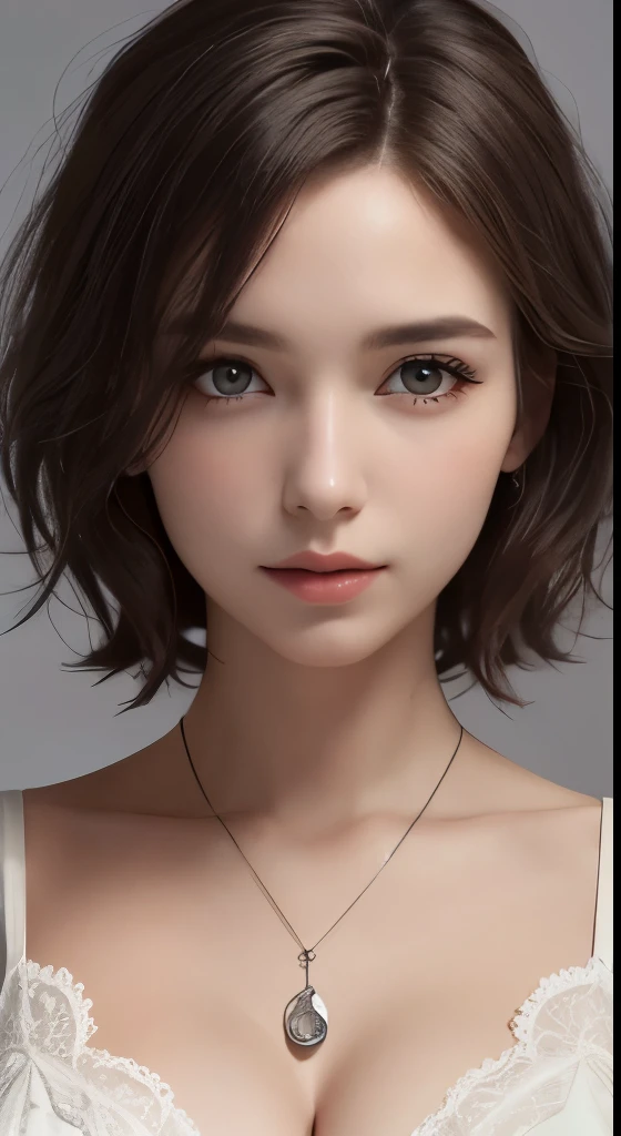 ,(((highest quality, 8k, masterpiece))), sharp focus, (perfectionな体型を持つ美しい女性), thin, cinematic lighting、perfection、soft light、high resolution skins:1.3、realistic skin texture、30 year old mature woman、small face、no makeup、short hair、dark brown hair、Detailed beautiful eyes、bust B cup、wearing a pendant、Slender body type、gray background、