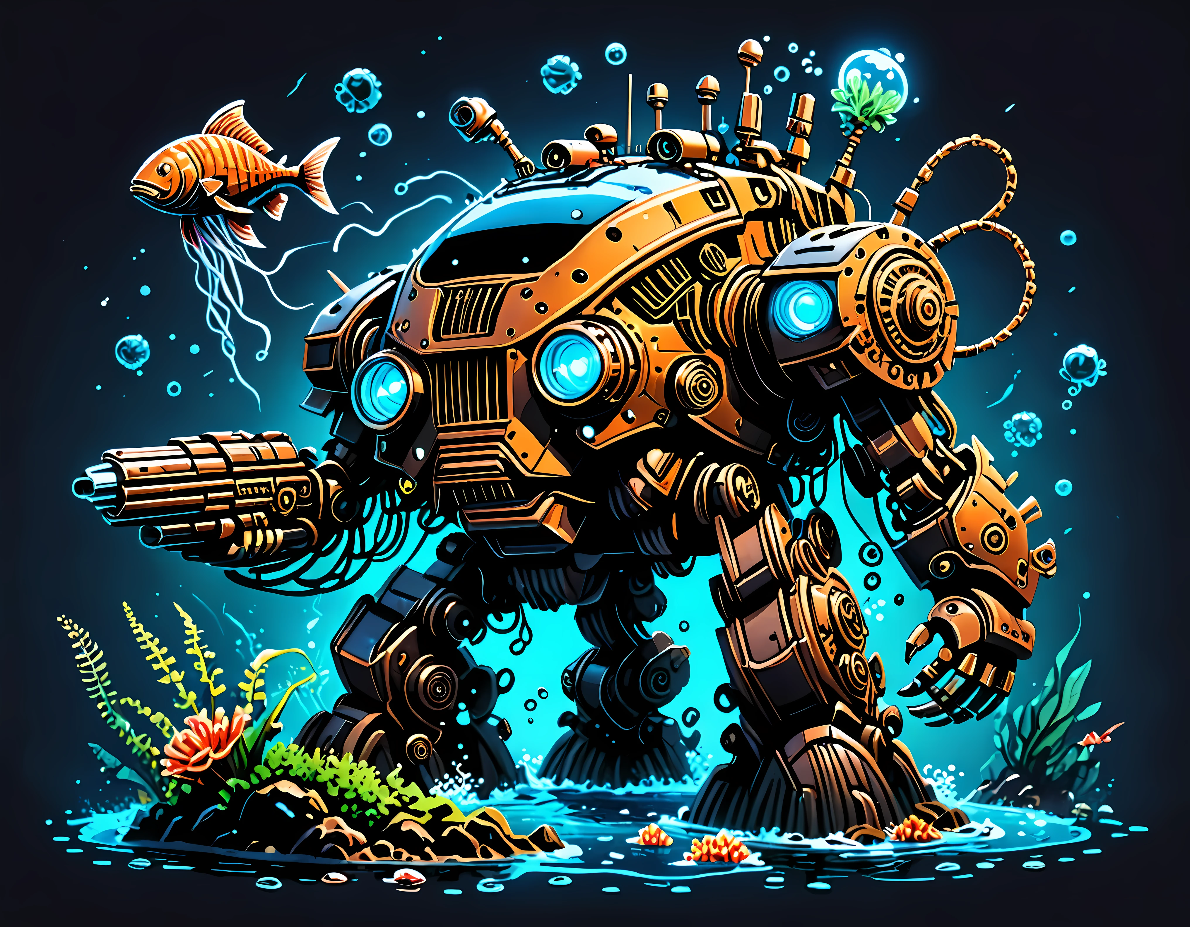 Vector Cartoon Illustration, the abandoned ((rusty)) colossal mechanoid machine covered in oceanic plants, laying on the bottom of the deep mysterious ocean, a titan of steel and circuitry, (weathered armor), intricate patterns on its surface, (weapon guns of advanced technology), riveted whimsical plates, a porthole with the intricate machinery, neon-colored fish, glowing jellyfish, surrounded by remnants of a lost civilization, a sense of awe and wonder, ((epic)), masterpiece in maximum 16K resolution, superb quality. | ((More_Detail))
