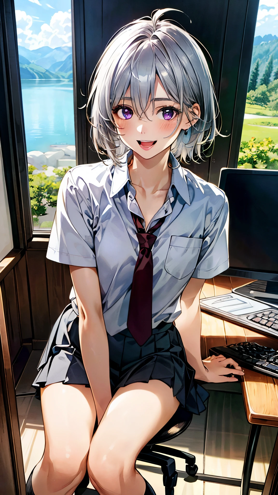 (masterpiece:1.2, top-quality, ultra high res, ultra detailed), (realistic, photorealistic:1.4), beautiful illustration, (natural side lighting, movie lighting), 
looking at viewer, full body, 1 girl, japanese, high school girl, perfect face, (perfect anatomy), cute and symmetrical face, baby face, shiny skin, slender, 
(short hair, messy hair, silver hair), hair between eyes, purple eyes, big eyes, long eye lasher, (medium breasts), 
beautiful hair, beautiful face, beautiful detailed eyes, beautiful clavicle, beautiful body, beautiful chest, beautiful thigh, beautiful legs, beautiful fingers, 
((detailed cloth texture, light grey pleated skirt, short sleeve white collared shirt), dark red tie), 
(beautiful scenery), day time, (computer editing studio), sitting chair, (lovely smile, upper eyes, open mouth small), 