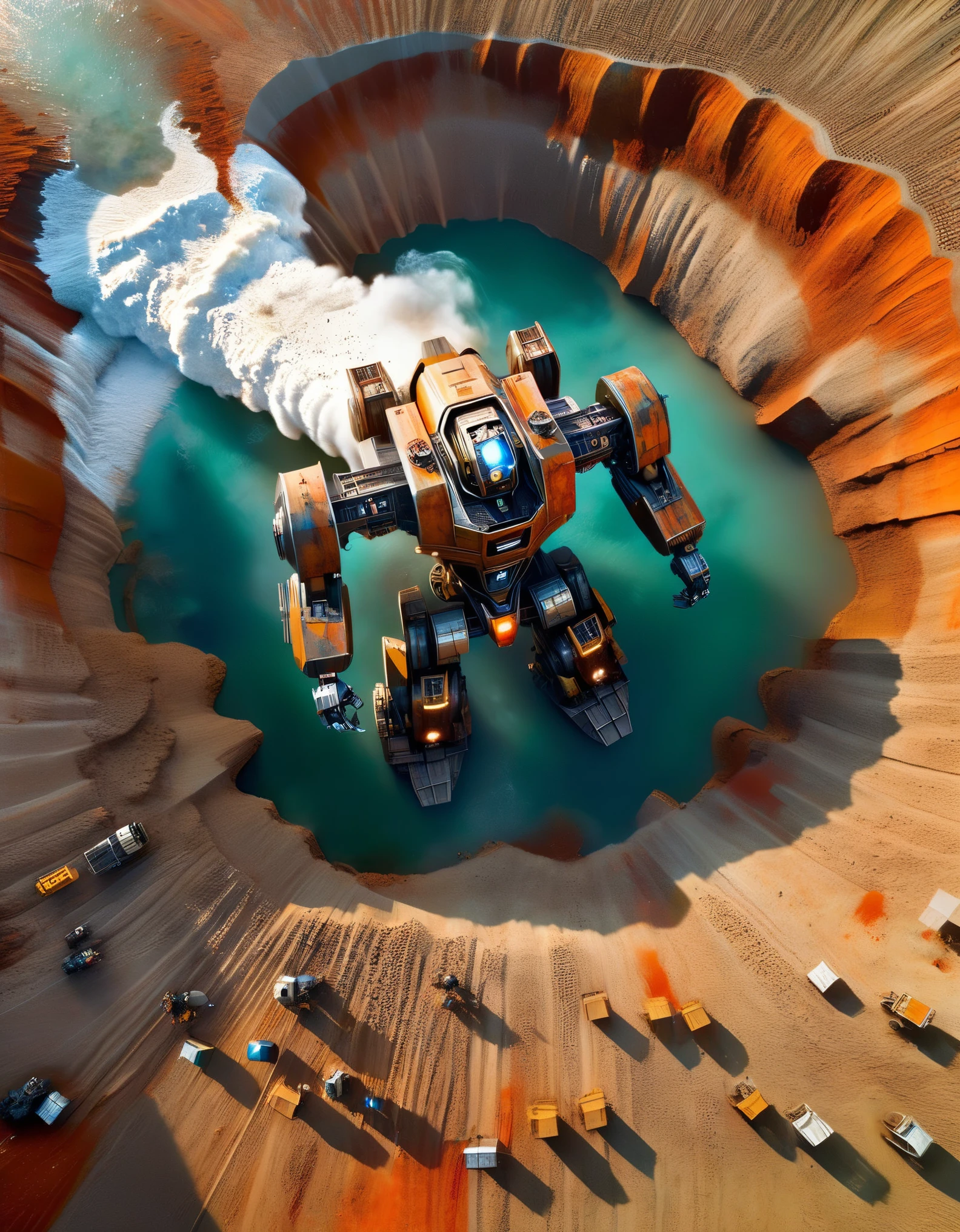 D rendering of A huge old mecha is being dragged out of a huge super-deep pit by many people, covered in rust and mud, broken bodies, sand and gravel, archaeological pits, the site,,Dripping Paint,Matte Painting,Science Fiction,Fever-Dream,Impossible,Postcyberpunk,Ice Age, The picture is from Peter Jackson's work, The picture is from Wong Kar-wai's work, The picture is from Emmanuel Lubezki's work,by Bruno Barbey,by Anne Brigman,by Edward S. Curtis,Intense Atmosphere, high detail,hyper quality,high resolution,surrealism,HD,16K,depth of field (dof),A bird's-eye view,aerial view,mood lighting,