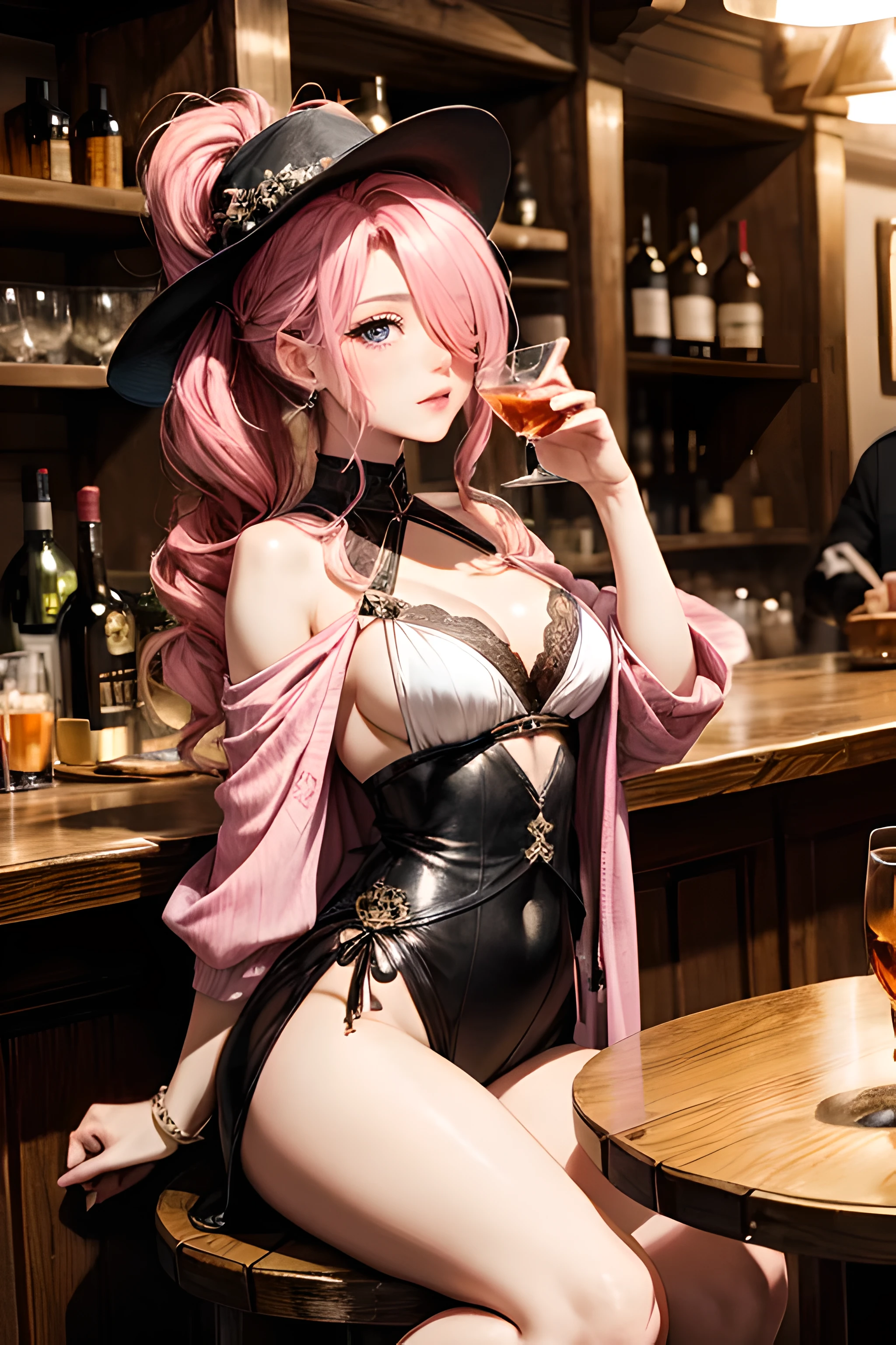 ((tmasterpiece)),(Best quality at best),(A half body), (long_ponytail wavy tip pink color hair), (hair over one eye:1.3), facing at camera,(ultra intricately detailed),(Highest definition),(8K),(Clean lines),(Perfect facial features,Perfect flesh),barded,adventurer,1 Peerless beauty,Travel attire,feathered hat,Brown curly hair,Sing,play,drinking alcohol,In the tavern,Sit on a wooden round table,your legs,Gorgeous accessories,disarray,(ellegance)