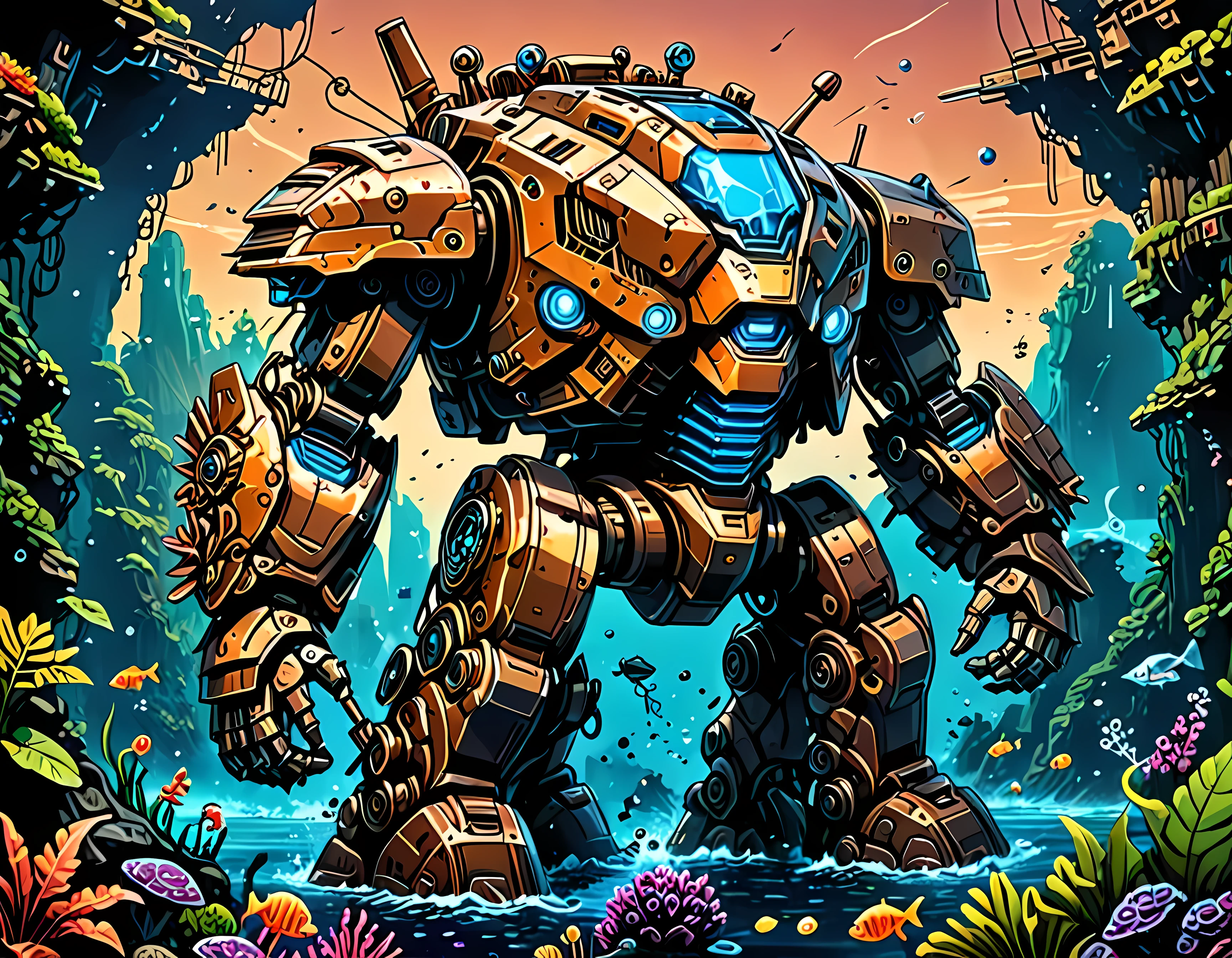 Vector Cartoon Illustration, the abandoned colossal mech warrior covered in oceanic plants lies on the bottom of the deep mysterious ocean, a titan of steel and circuitry, (weathered rusty armor), intricate patterns on its surface, (weapon parts with advanced technology), riveted whimsical plates, a porthole with the intricate machinery, neon-colored fish, glowing jellyfish, surrounded by remnants of a lost civilization, a sense of awe and wonder, ((epic)), masterpiece in maximum 16K resolution, superb quality. | ((More_Detail))
