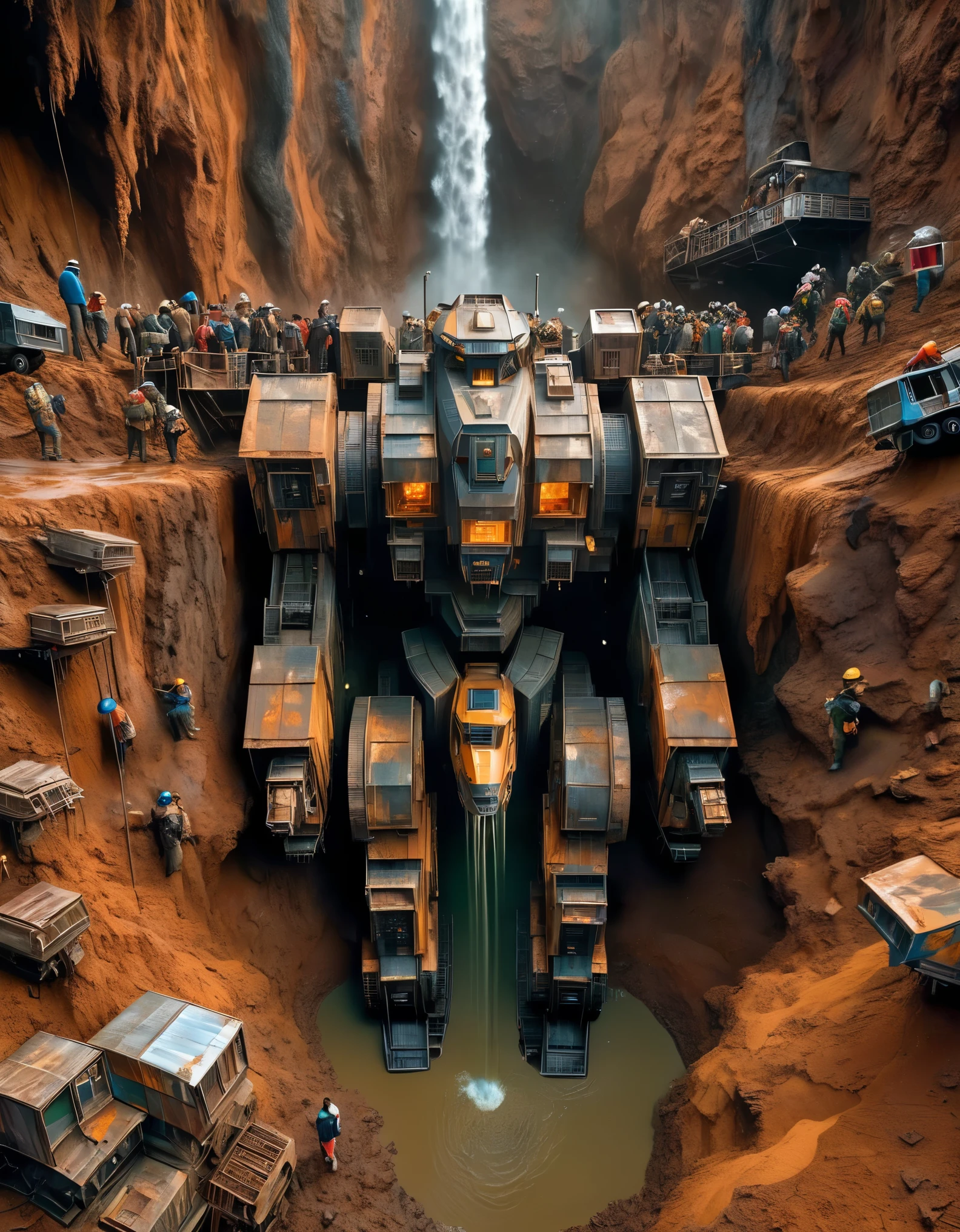 3D rendering of A huge waste mecha is being dragged out by many people from a huge super deep pit, covered with rust and mud, broken body, super many viewers, shocked expression, mud, debris flow, broken, abandoned, background: archaeological deep mud pit,,Dripping Paint,Matte Painting,Science Fiction,Fever-Dream,Impossible,Postcyberpunk,Ice Age, The picture is from Peter Jackson's work, The picture is from Wong Kar-wai's work, The picture is from Emmanuel Lubezki's work,by Bruno Barbey,by Anne Brigman,by Edward S. Curtis,Intense Atmosphere, high detail,hyper quality,high resolution,surrealism,HD,16K,depth of field (dof),A bird's-eye view,aerial view,mood lighting,