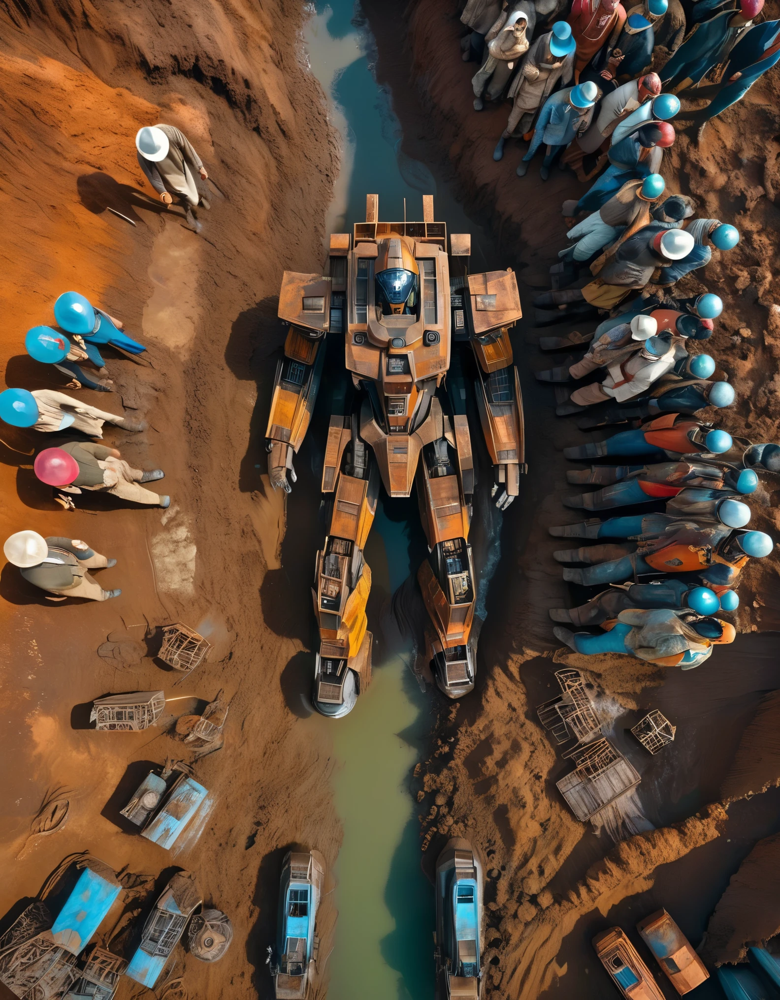 3D rendering of A huge waste mecha is being dragged out by many people from a huge super deep pit, covered with rust and mud, broken body, super many viewers, shocked expression, mud, debris flow, broken, abandoned, background: archaeological deep mud pit,,Dripping Paint,Matte Painting,Science Fiction,Fever-Dream,Impossible,Postcyberpunk,Ice Age, The picture is from Peter Jackson's work, The picture is from Wong Kar-wai's work, The picture is from Emmanuel Lubezki's work,by Bruno Barbey,by Anne Brigman,by Edward S. Curtis,Intense Atmosphere, high detail,hyper quality,high resolution,surrealism,HD,16K,depth of field (dof),A bird's-eye view,aerial view,mood lighting,