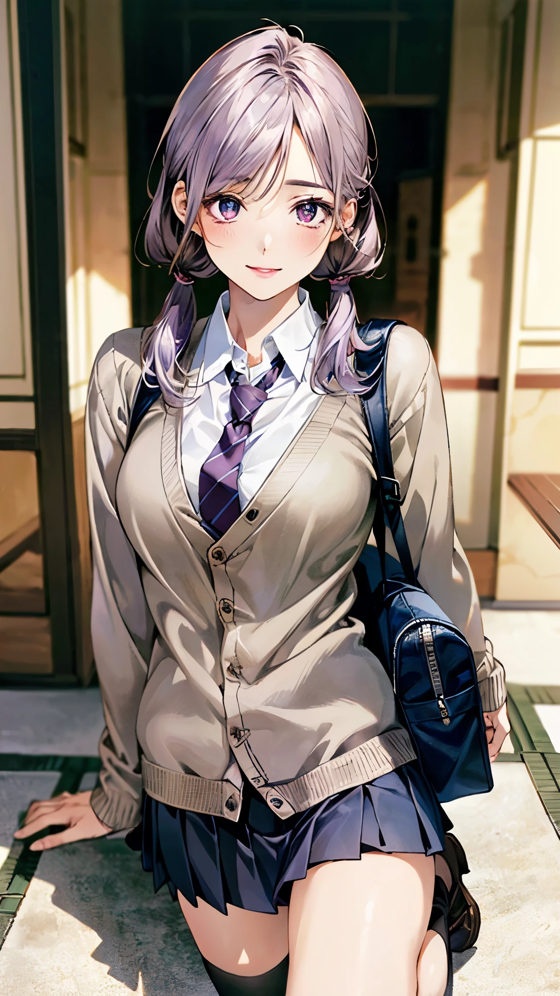(masterpiece:1.2, top-quality, ultra high res, ultra detailed), (realistic, photorealistic:1.4), beautiful illustration, (natural side lighting, movie lighting),
looking at viewer, full body, 1 girl, japanese, high school girl, perfect face, (perfect anatomy), cute and symmetrical face, , shiny skin, slender,
(long hair:1.5, low twintails:1.5, light purple hair), swept bangs, gold eyes, drooping eyes, big eyes, long eye lasher, (medium breasts),
beautiful hair, beautiful face, beautiful detailed eyes, beautiful clavicle, beautiful body, beautiful chest, beautiful thigh, beautiful legs, beautiful fingers,
((detailed cloth texture, long sleeves light brown cardigan:1.4, light grey pleated skirt, white collared shirt), dark red tie, white thigh-high), navy school bag,
(beautiful scenery), day time, (room), wariza, (lovely smile, upper eyes),