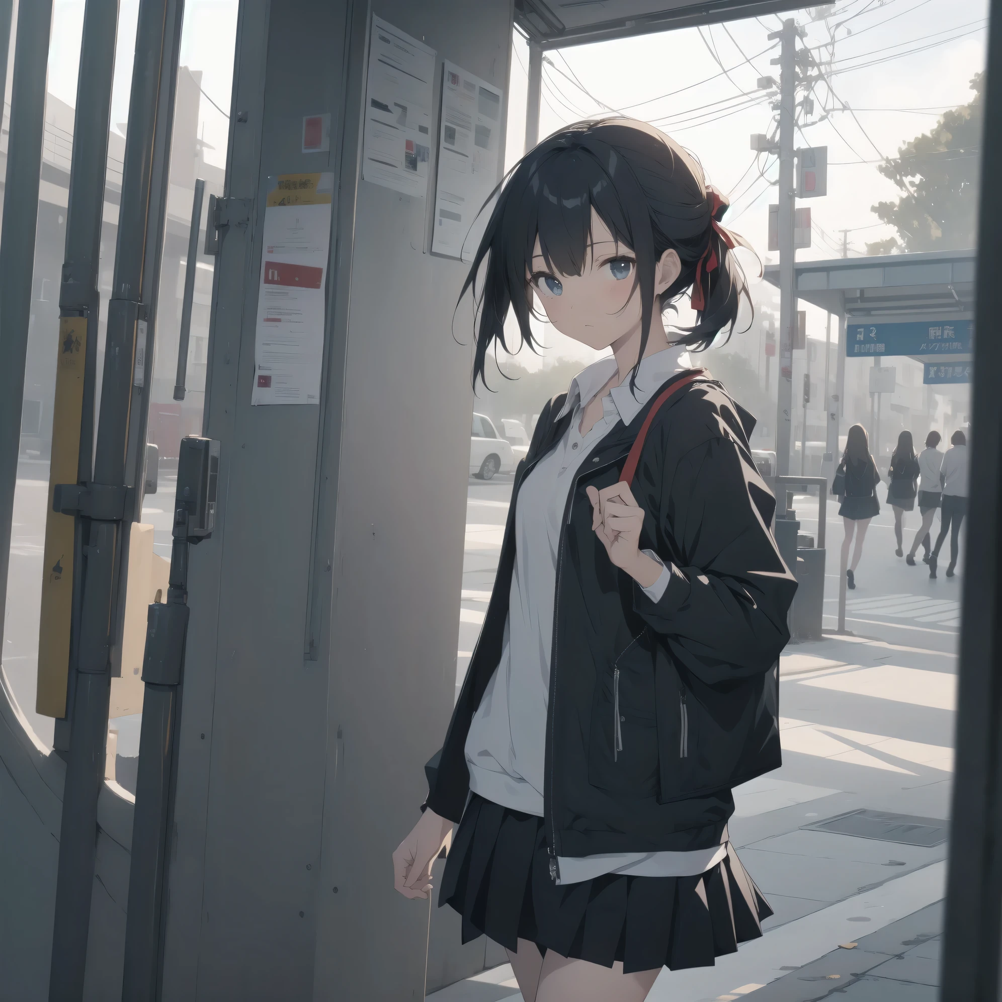 Super absurd quality by the god of art, super detailed, High resolution, artist:Fujiyama, artist:Shinkai_Makoto, artist:Mitsumi_Misato, anime moe art style, Best Anime 8K Kona-chan Wallpaper, pixiv contest winner, perfect anatomy, break,(眠そうにalone学校へ行く女の子を描いてください. )break,1 girl, (alone,little woman, baby face, 13 years old:1.3),All limbs, full finger,, The charm of an immature body, (very_short hair), small black eyes, detailed and beautiful eyes, Well-proportioned iris and pupils, expressive eyes, sleepy eyes, High resolutionの詳細な髪, neck ribbon, skirt, collared shirt, pleated skirt, school uniform, school bag,(detailed lighting), (detailed background), On the way to school. break,super dense skin, Best cinematic lighting powered by famous artist, 8k,figure,photoshop_(Moderate),Absurd Hi-Res,Hmm,rough skin