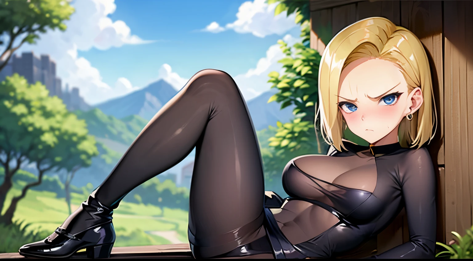 highest quality, High resolution, AND18, 1 girl, android 18, alone, blonde hair, blue eyes, short hair,earrings,big breasts, frown,panicked look,blush, Sweat,1 girl, Black tight suit, streak,running through the jungle,the sky is cloudy,