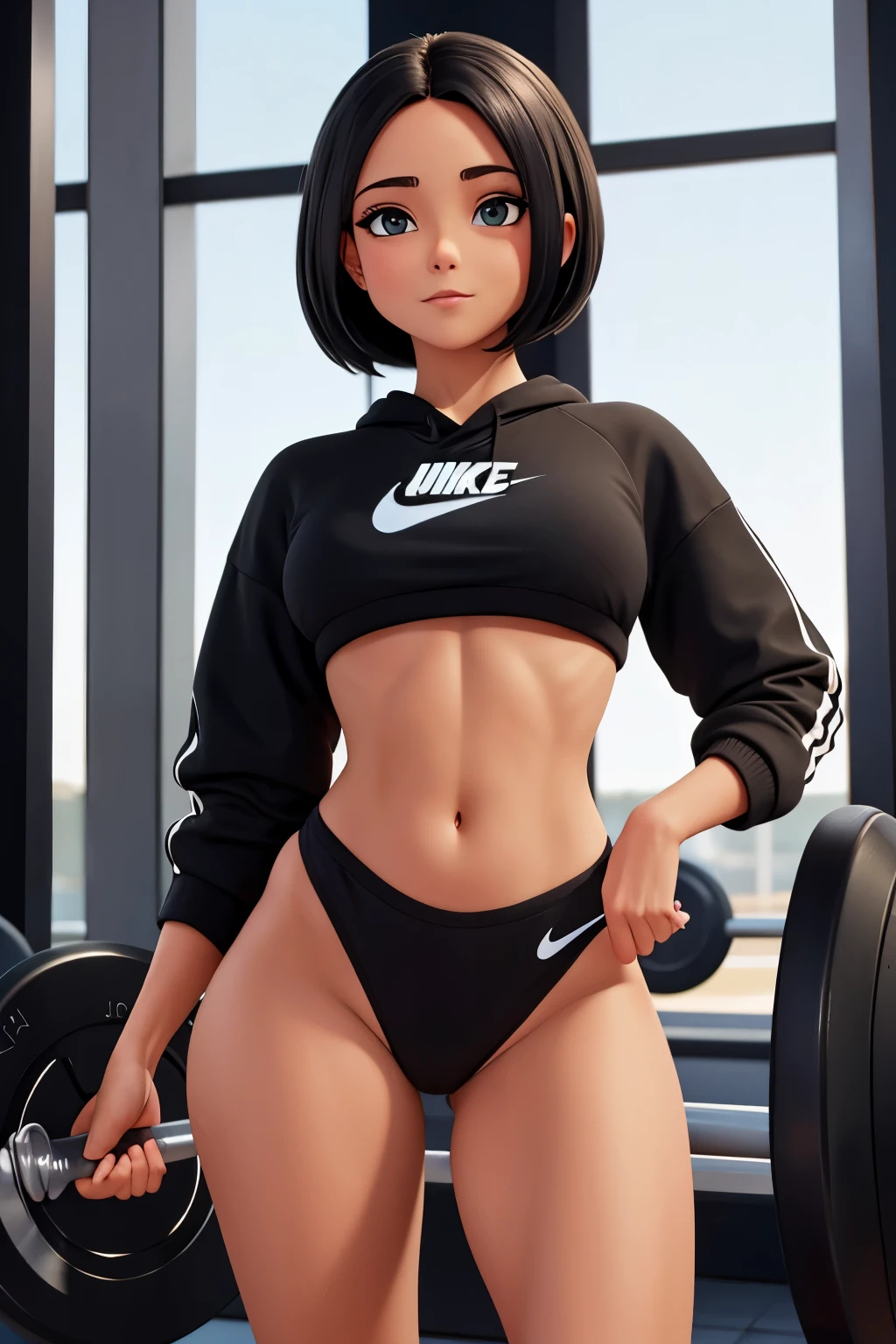 Uma garota sexy com cabelos castanhos, She is wearing a black NIKE sweatshirt, and a black bikini, she is at the gym