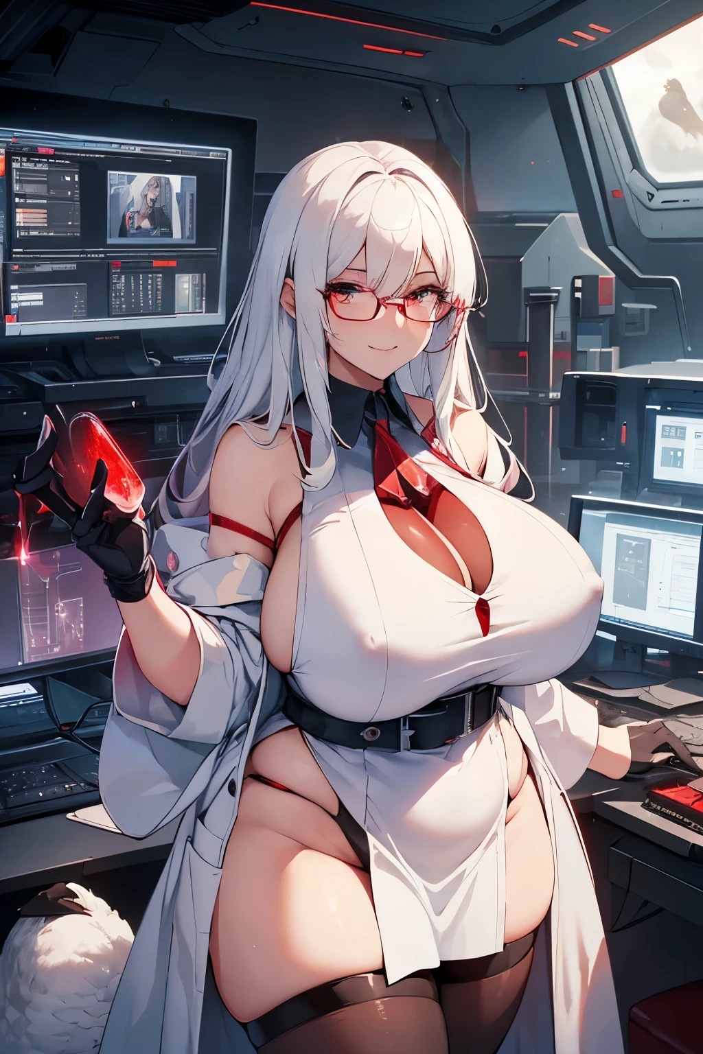 masterpiece , best quality , 1 sexy girl , (1 goose:1.2) , lab coat, doctor's white robe , (covered nipples:0.9) , (gigantic tits:1.2) , (thick arm:1.1) , thick thigh , gigantic hip , (white hair:1.1) , (plump:1.1) , surrounded by sci-fi machinery and monitor , (black glasses:1.1) , (evil smile:1.1) , (holding red crystal:1.2) ,