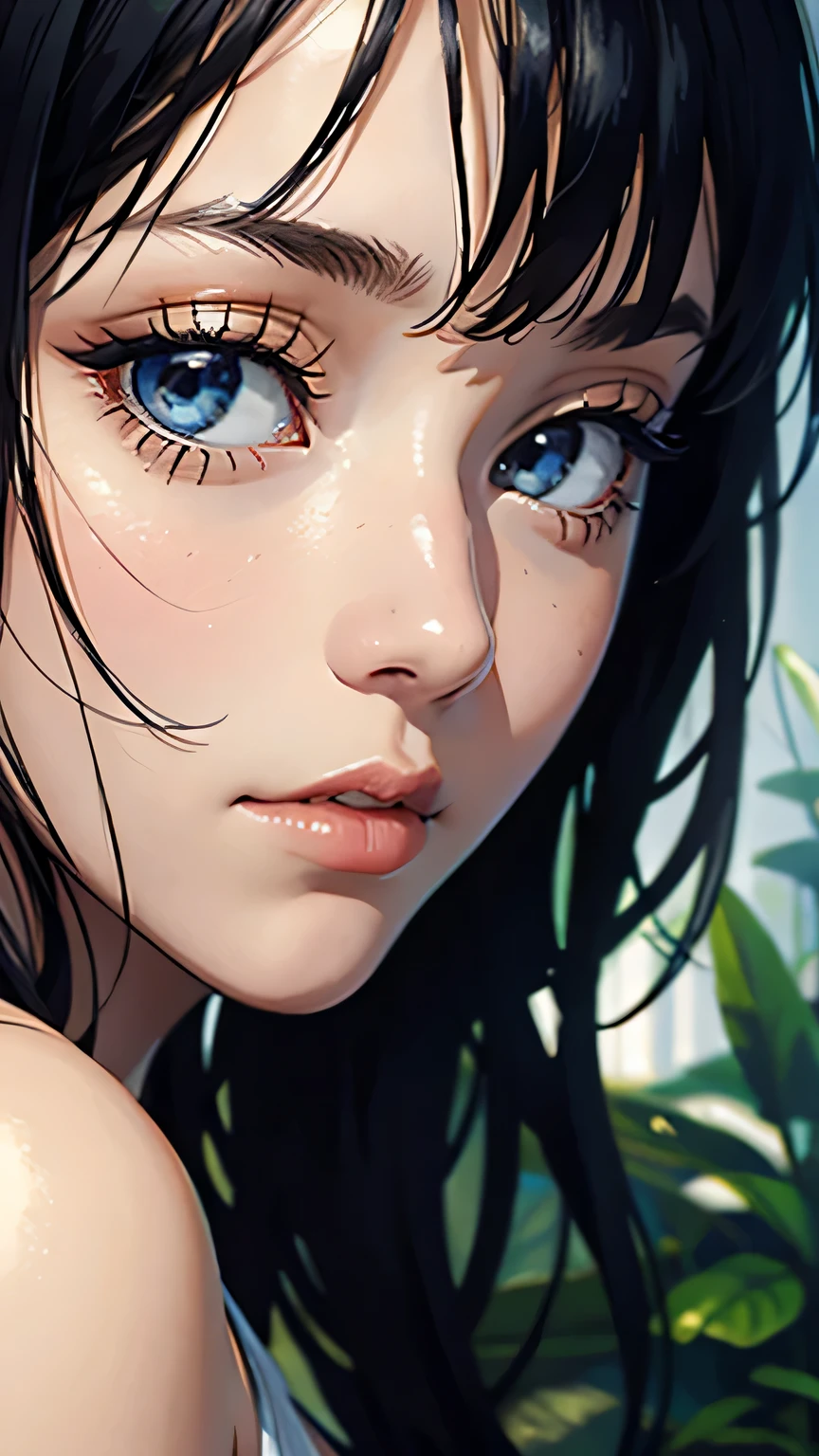 big plans, Beautiful woman in thumb art style, Written by Jeremy Mann, Written by Sandra Chevrier, dave mckean、Written by Richard Avedon、Written by Maciej Cuchara, white tank top and jeans, detailed, 8k、with detailed eyes、long wavy hair、masterpiece, 最high quality, high quality, High resolution, (jungle background), (((Close-up of face only))),