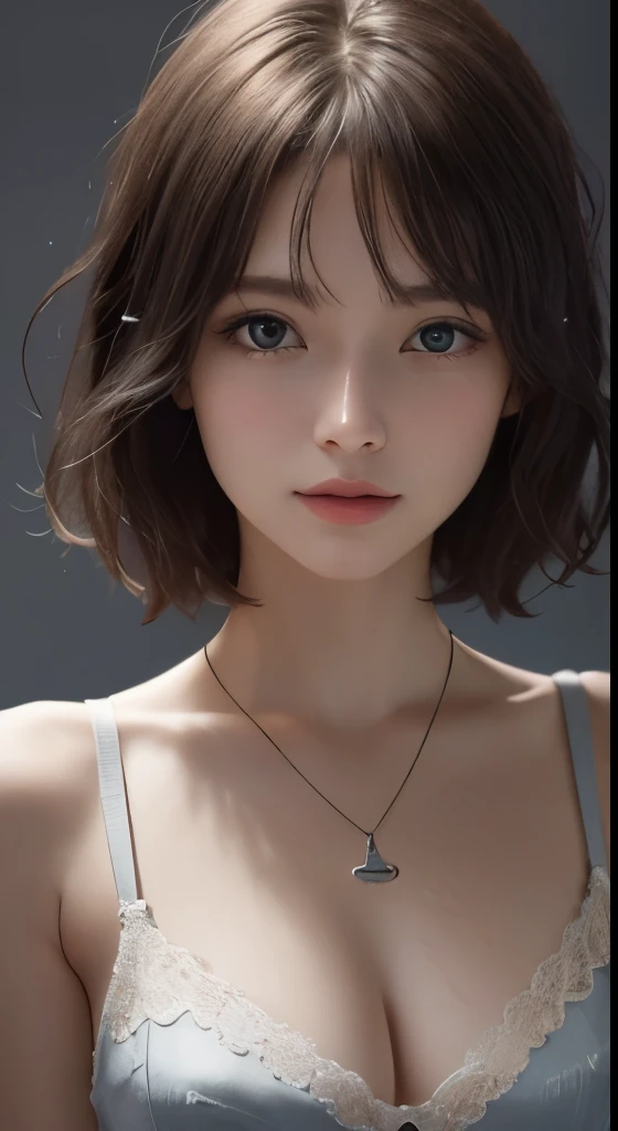 ,(((highest quality, 8k, masterpiece))), sharp focus, (perfectionな体型を持つ美しい女性), thin, cinematic lighting、perfection、soft light、high resolution skins:1.3、realistic skin texture、30 year old mature woman、small face、no makeup、short hair、dark brown hair、Detailed beautiful eyes、bust B cup、wearing a pendant、Slender body type、gray background、