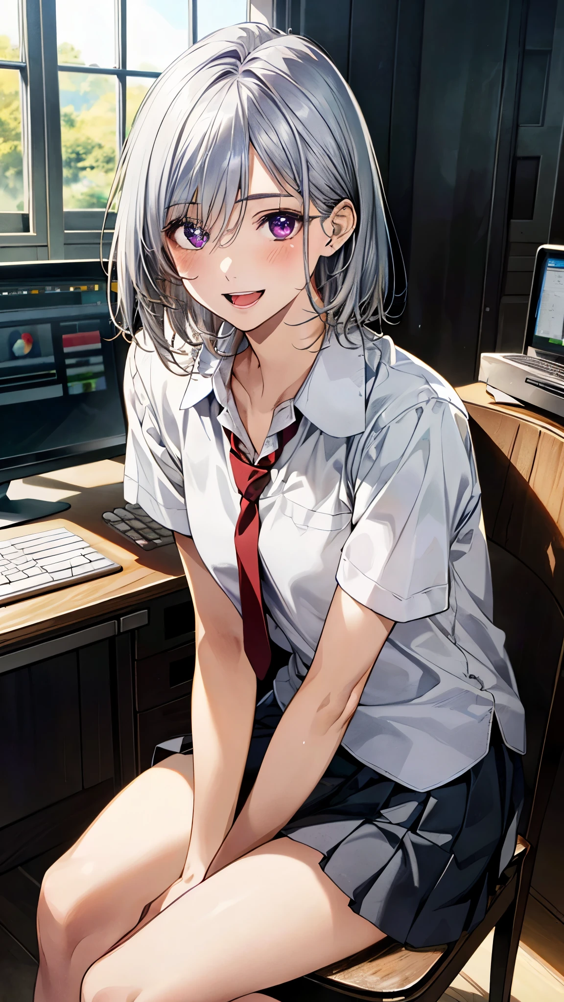 (masterpiece:1.2, top-quality, ultra high res, ultra detailed), (realistic, photorealistic:1.4), beautiful illustration, (natural side lighting, movie lighting), 
looking at viewer, full body, 1 girl, japanese, high school girl, perfect face, (perfect anatomy), cute and symmetrical face, , shiny skin, slender, 
(short hair, messy hair, silver hair), hair between eyes, purple eyes, big eyes, long eye lasher, (medium breasts), 
beautiful hair, beautiful face, beautiful detailed eyes, beautiful clavicle, beautiful body, beautiful chest, beautiful thigh, beautiful legs, beautiful fingers, 
((detailed cloth texture, light grey pleated skirt, short sleeve white collared shirt), dark red tie), 
(beautiful scenery), day time, (computer editing studio), sitting chair, (lovely smile, upper eyes, open mouth small), 