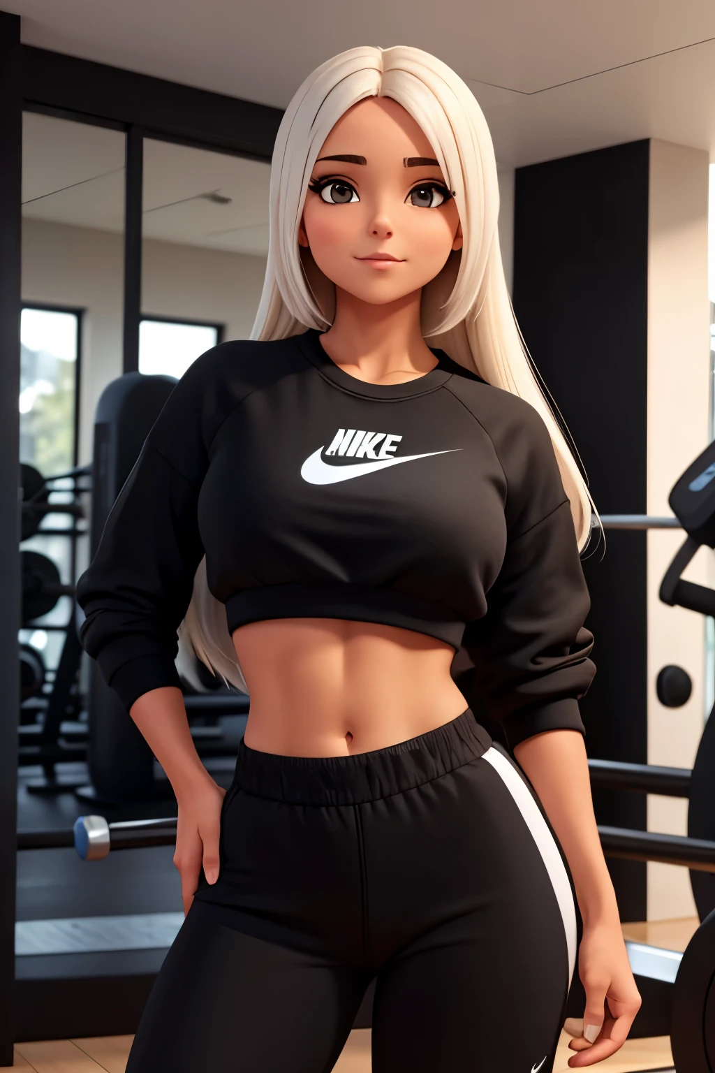 Uma garota sexy com cabelos castanhos, She is wearing a black NIKE sweatshirt, e uma calcinha preta, she is at the gym