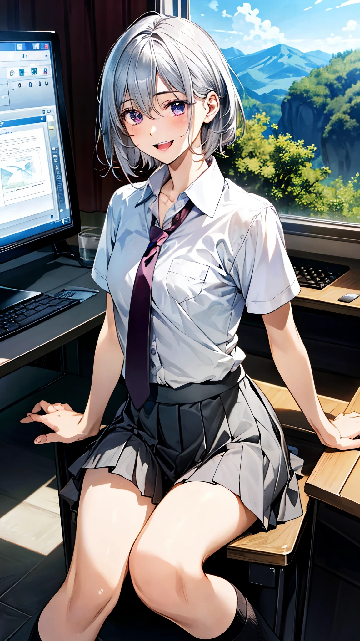 (masterpiece:1.2, top-quality, ultra high res, ultra detailed), (realistic, photorealistic:1.4), beautiful illustration, (natural side lighting, movie lighting),
looking at viewer, full body, 1 girl, japanese, high school girl, perfect face, (perfect anatomy), cute and symmetrical face, baby face, shiny skin, slender,
(short hair, messy hair, silver hair), hair between eyes, purple eyes, big eyes, long eye lasher, (medium breasts),
beautiful hair, beautiful face, beautiful detailed eyes, beautiful clavicle, beautiful body, beautiful chest, beautiful thigh, beautiful legs, beautiful fingers,
((detailed cloth texture, light grey pleated skirt, short sleeve white collared shirt), dark red tie),
(beautiful scenery), day time, (computer editing studio), sitting chair, (lovely smile, upper eyes, open mouth small),