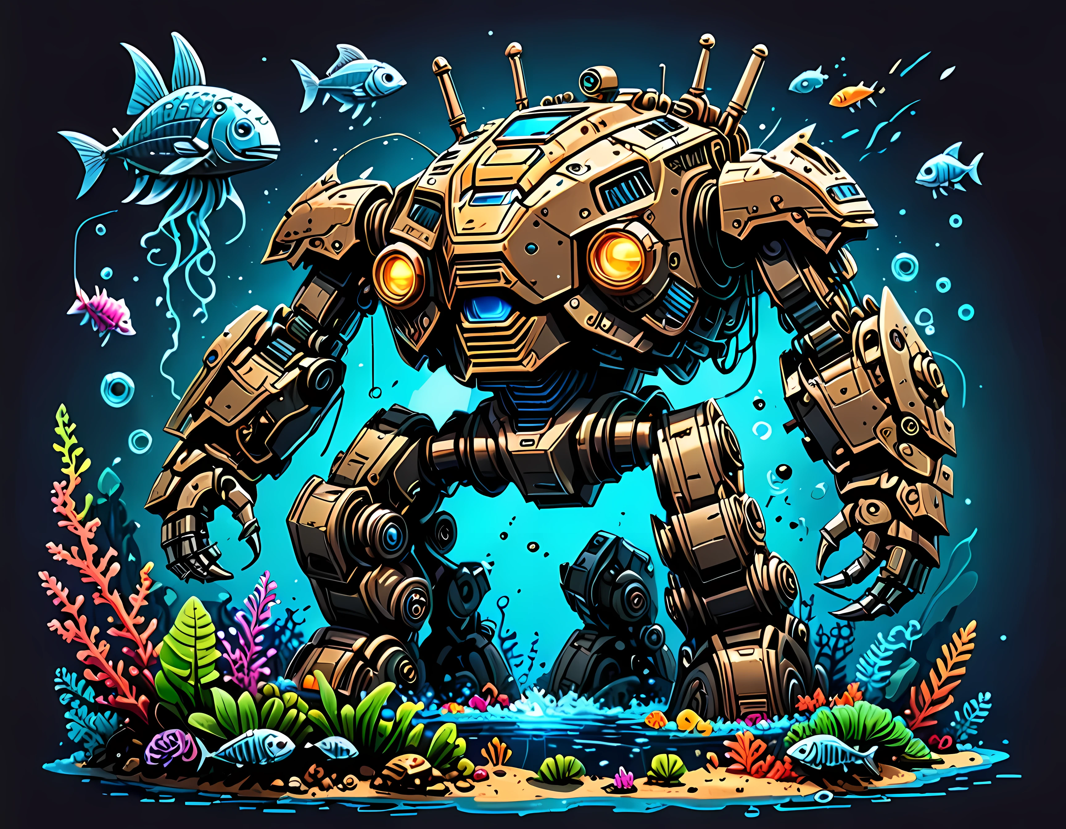 Vector Cartoon Illustration, the ((abandoned)) colossal mech ((lies)) covered in oceanic plants on the bottom of the deep mysterious ocean, a titan of steel and circuitry, weathered armor, intricate patterns on its surface, (weapon parts with advanced technology), riveted whimsical plates, a porthole with the intricate machinery, neon-colored fish, glowing jellyfish, surrounded by remnants of a lost civilization, a sense of awe and wonder, ((epic)), masterpiece in maximum 16K resolution, superb quality. | ((More_Detail))