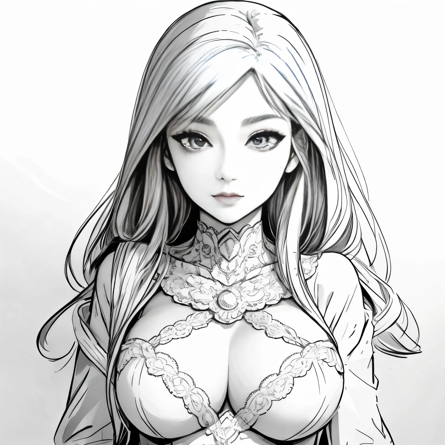 Coloring book for adults. Only black and white. low detail only main line. beautiful sensual nude and erotic woman with massive breasts. The breasts are not covered by anything. white background. white colors. full body view of blonde woman. (Ultra detailed:1.3) ((((best quality))) ,