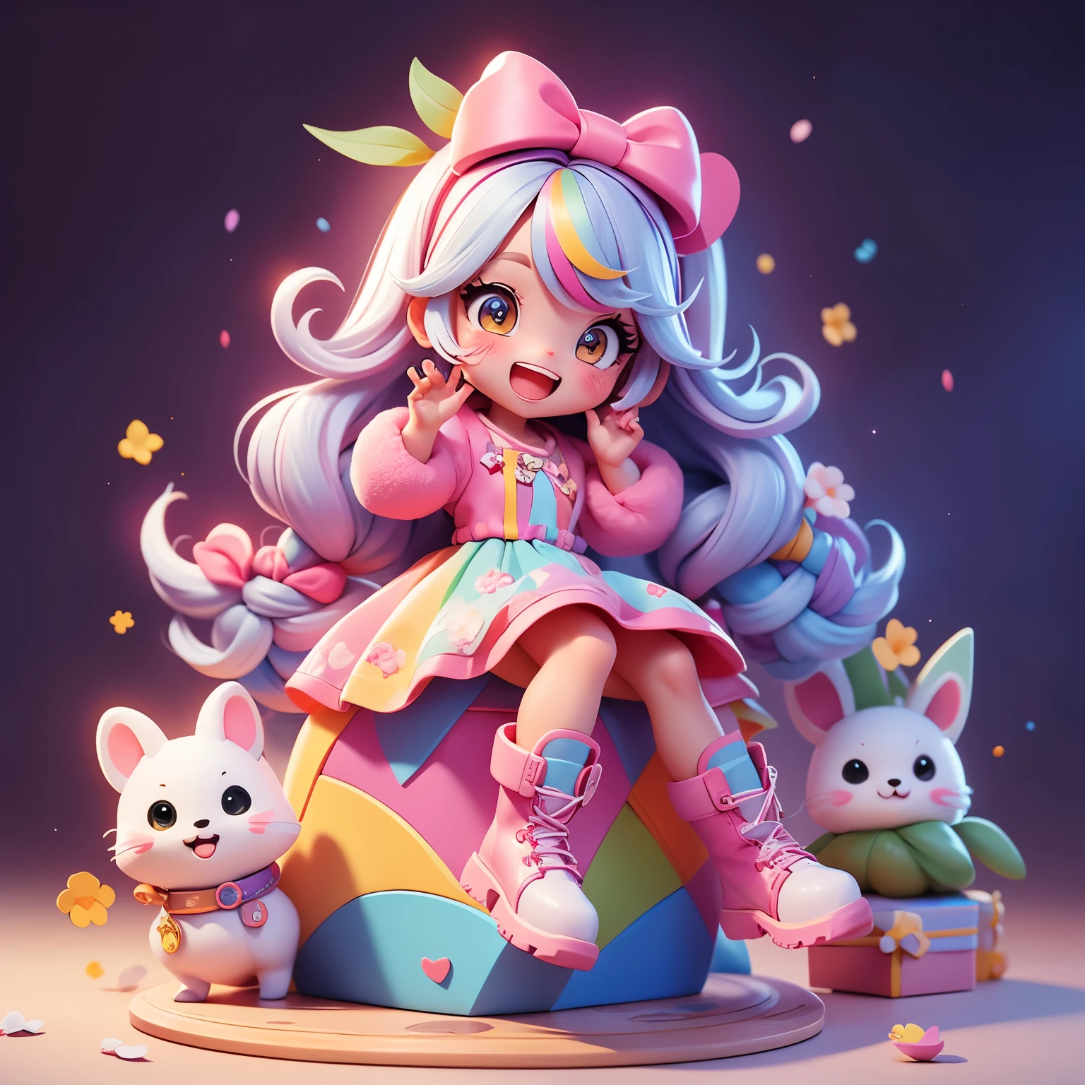 The background is in the room,sitting at desk,cute girl,Long rainbow-colored hair,boots,open mouth,Nice smile,kawaii moves,Fingers to heart,Floral Dress,spring,petal,magic,There are various toys on the floor,boot,gift,Small animals