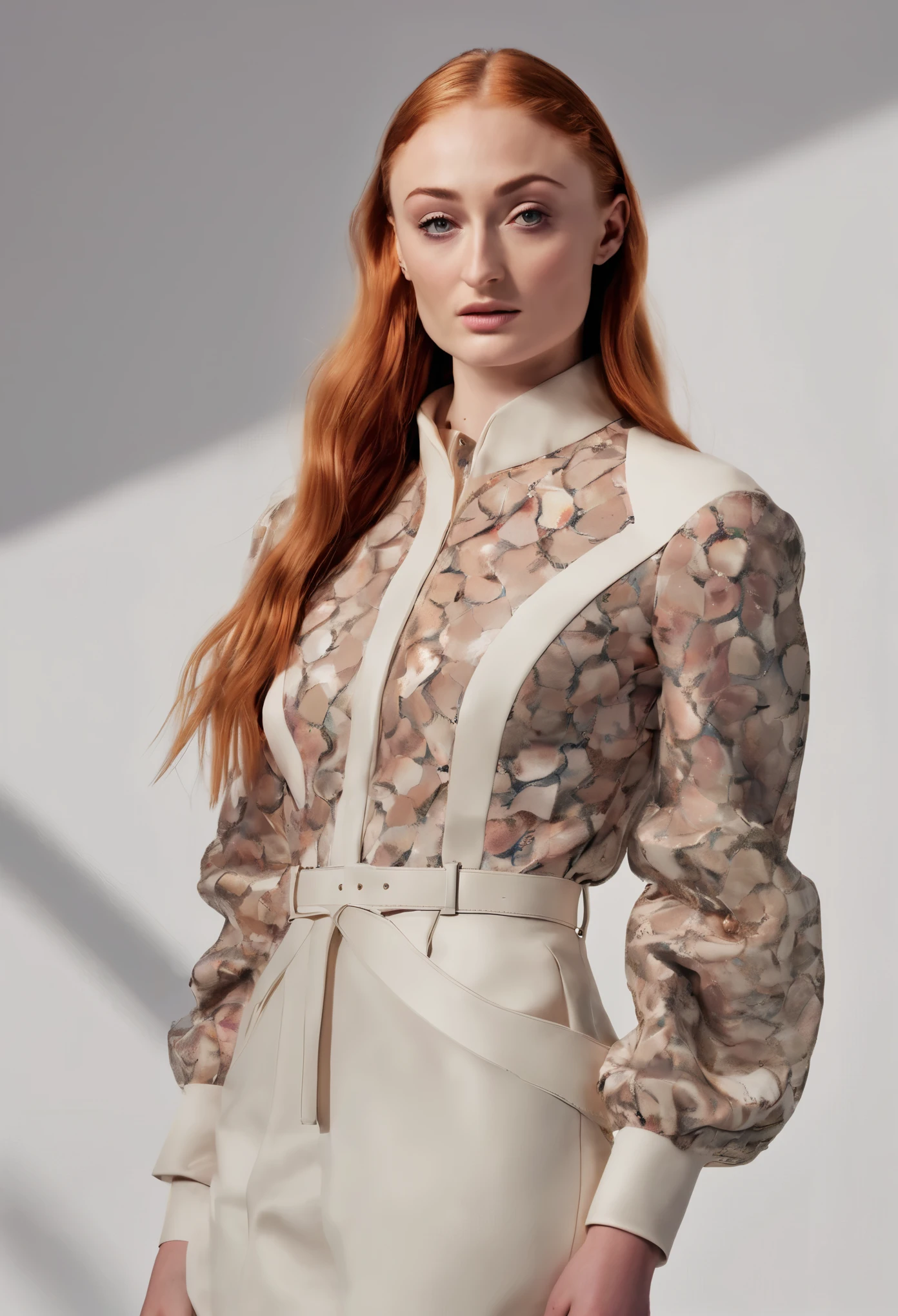 Portrait Photography of ((Sophie Turner)) female model, professional photoshoot, classic haute couture:0.7, glitch aesthetic:0.3, haute couture , torso shot, medium shot, glamour shot, by Chanel winter collection, high fashion creator, day light, fashion photo shoot light