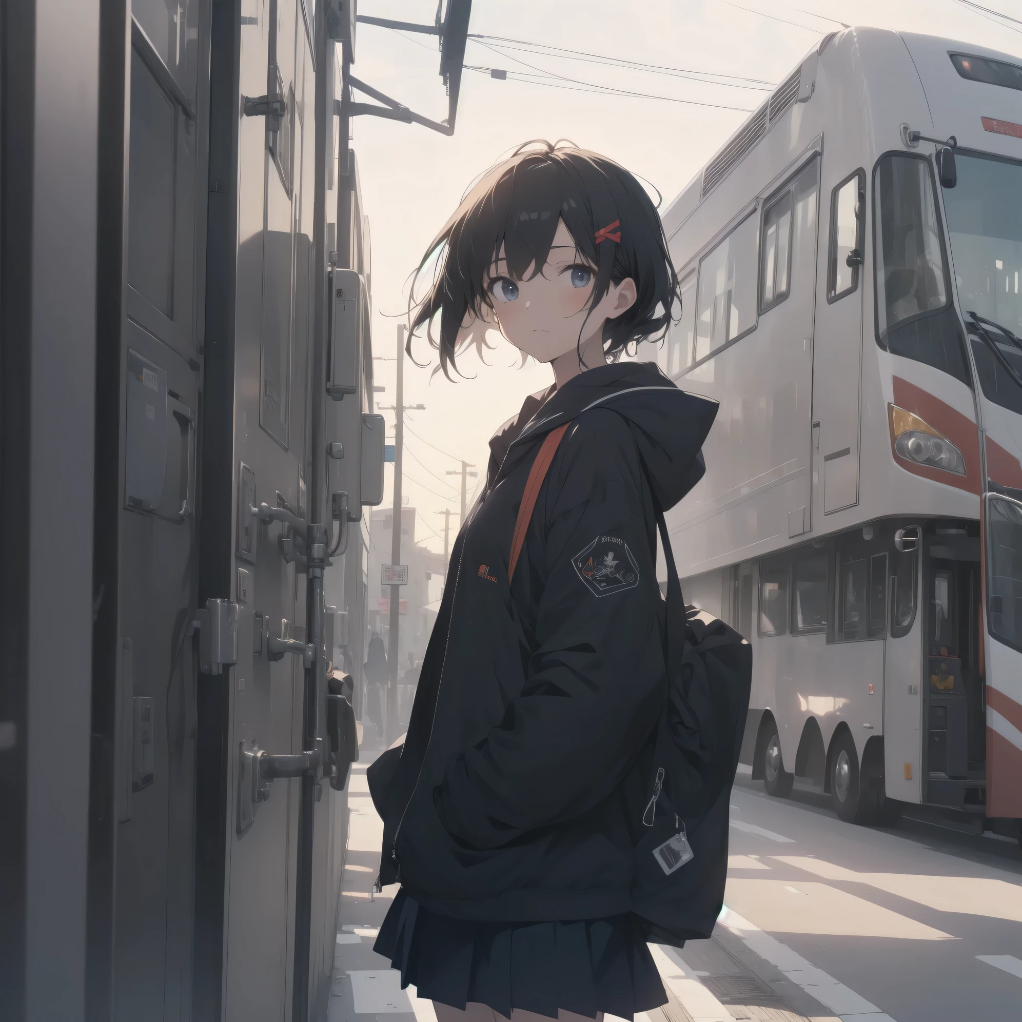 Super absurd quality by the god of art, super detailed, High resolution, artist:Fujiyama, artist:Shinkai_Makoto, artist:Mitsumi_Misato, anime moe art style, Best Anime 8K Kona-chan Wallpaper, pixiv contest winner, perfect anatomy, break,(眠そうにalone学校へ行く女の子を描いてください. )break,1 girl, (alone,little woman, baby face, 13 years old:1.3),All limbs, full finger,, The charm of an immature body, (very_short hair), small black eyes, detailed and beautiful eyes, Well-proportioned iris and pupils, expressive eyes, sleepy eyes, High resolutionの詳細な髪, neck ribbon, skirt, collared shirt, pleated skirt, school uniform, school bag,(detailed lighting), (detailed background), On the way to school. break,super dense skin, Best cinematic lighting powered by famous artist, 8k,figure,photoshop_(Moderate),Absurd Hi-Res,Hmm,rough skin