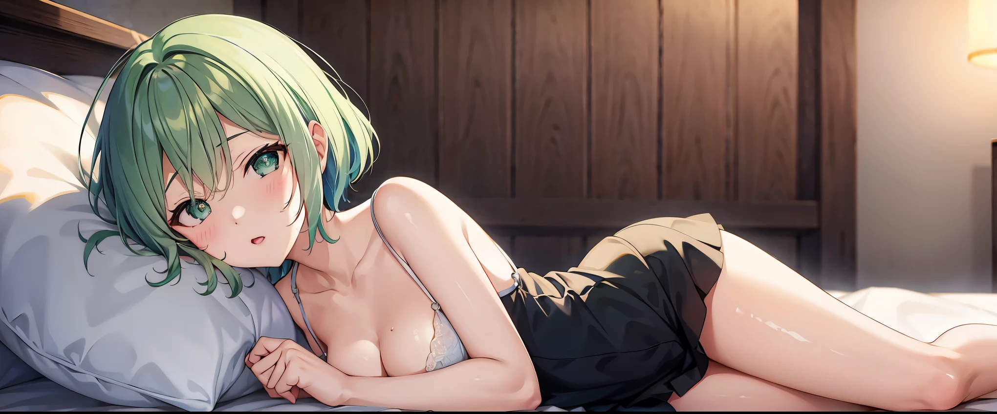 short green hair girl, chest is medium, green eyes, 、(tits),Full body photo from head to toe,、cloth、(clear face)(best quality, High resolution, Super detailed),, (vividness and color, The chest is clearly in focus),(soft chest:1.2、Ikomi in underwear、Lying down、co-sleeping、achieve one&#39;s fulfillment、lure、love scene