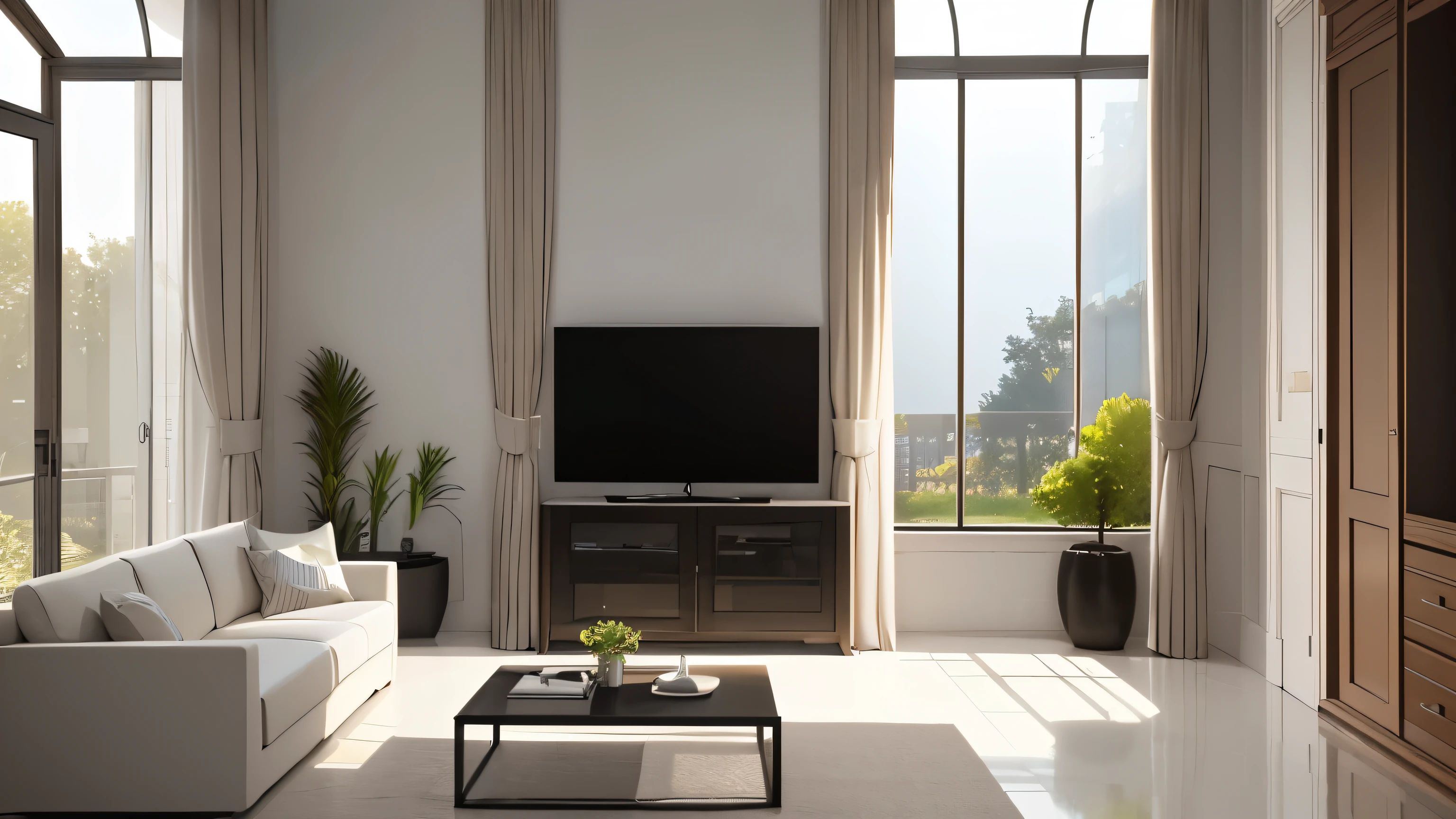 you are a famous interior designer、I was asked to create a 3D image of a large modern room.。. Create a harmonious environment with modern and minimalist furniture. Including garden interior.